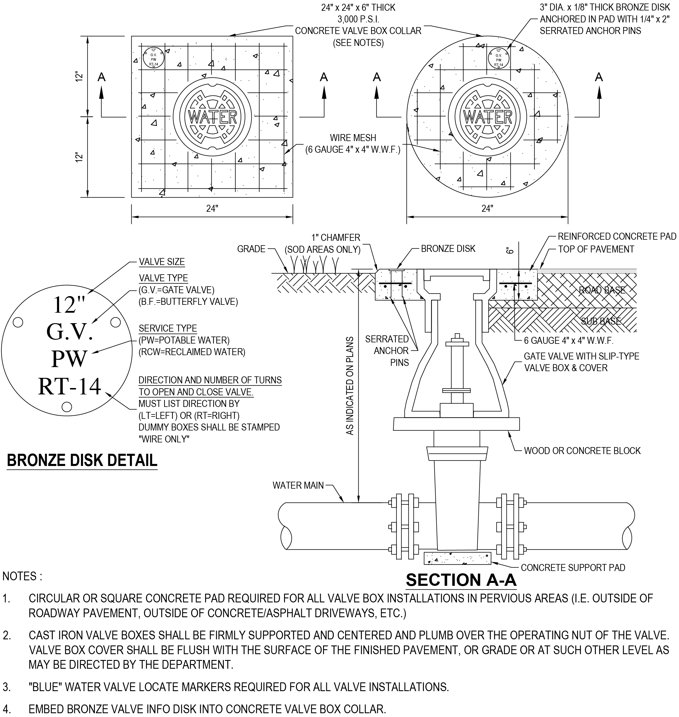 Diagram showing specifications and installation instructions for a bronze disk valve, including dimensions and materials used.