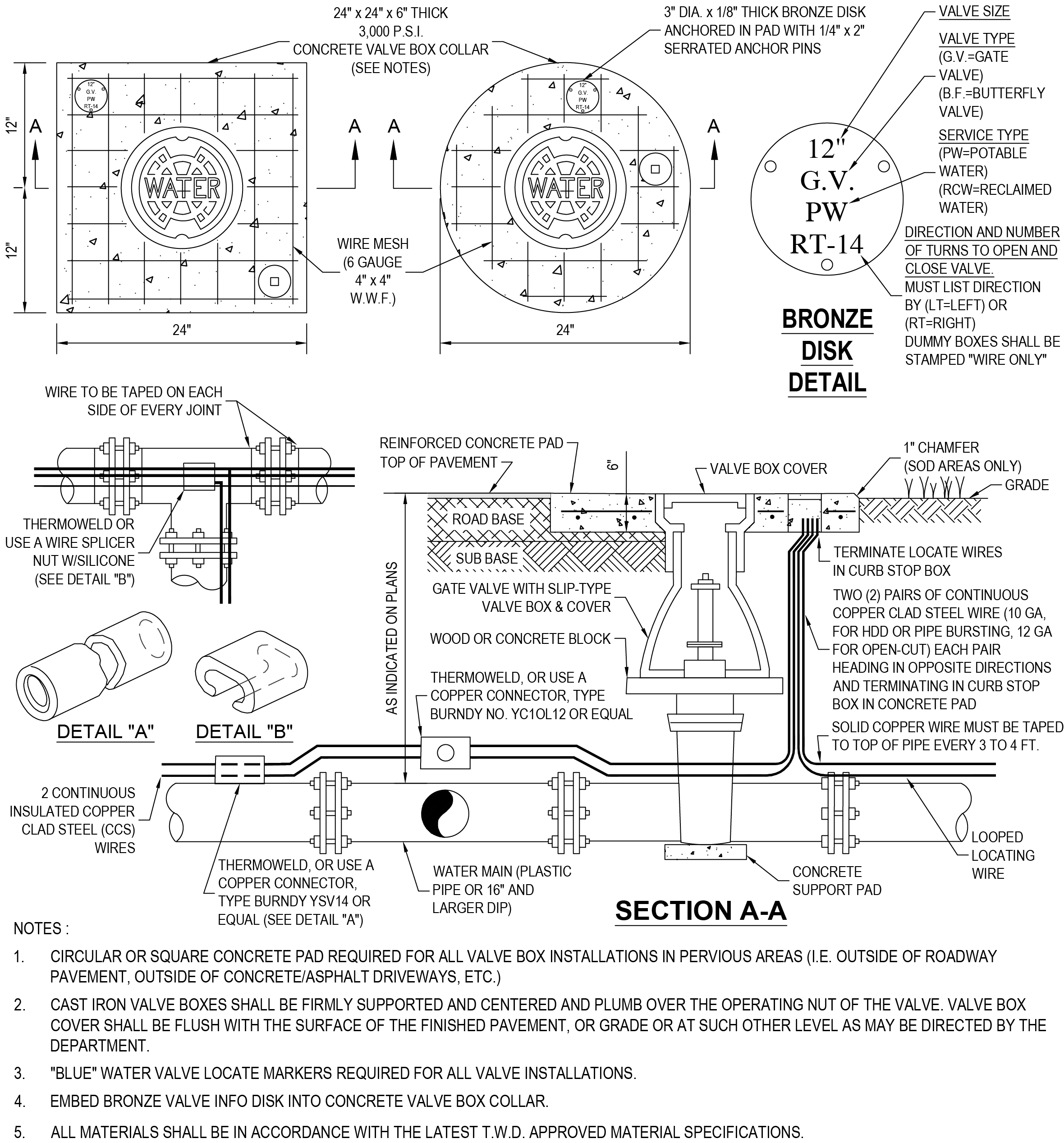 Diagram detailing a bronze disk valve installation, including specifications for concrete pads, valve types, and installation sections.
