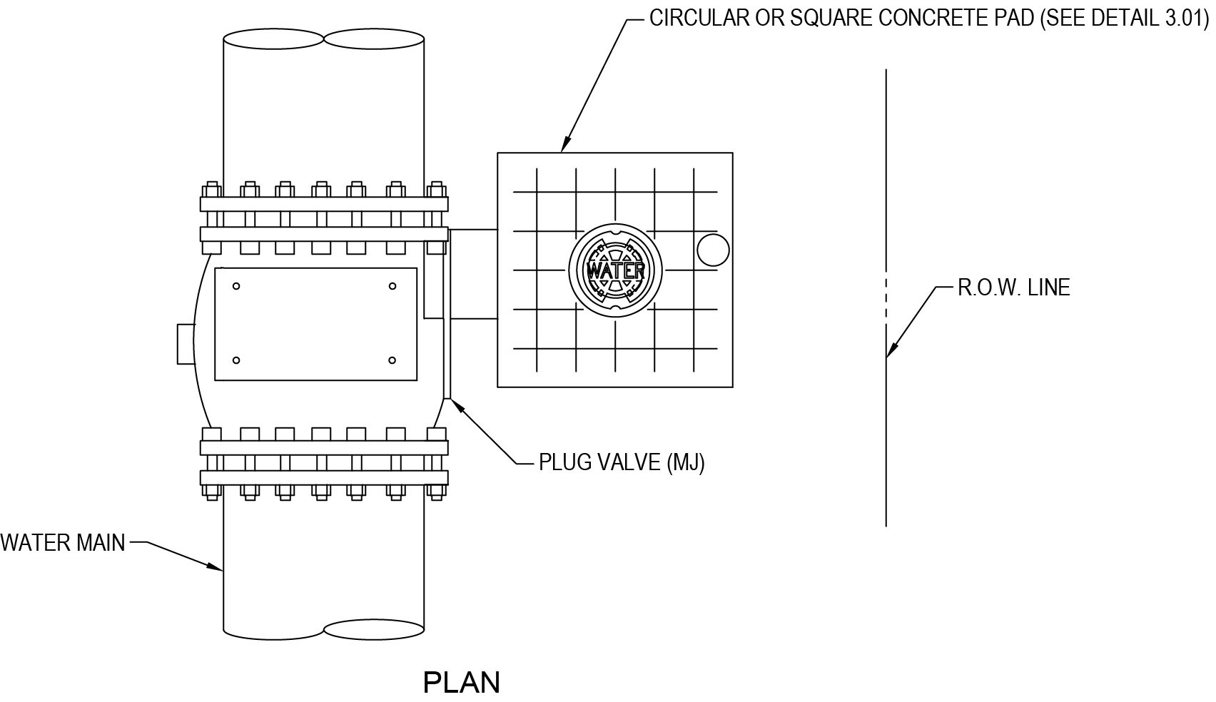 Engineering diagram showing plan view of water main with plug valve and concrete pad details.