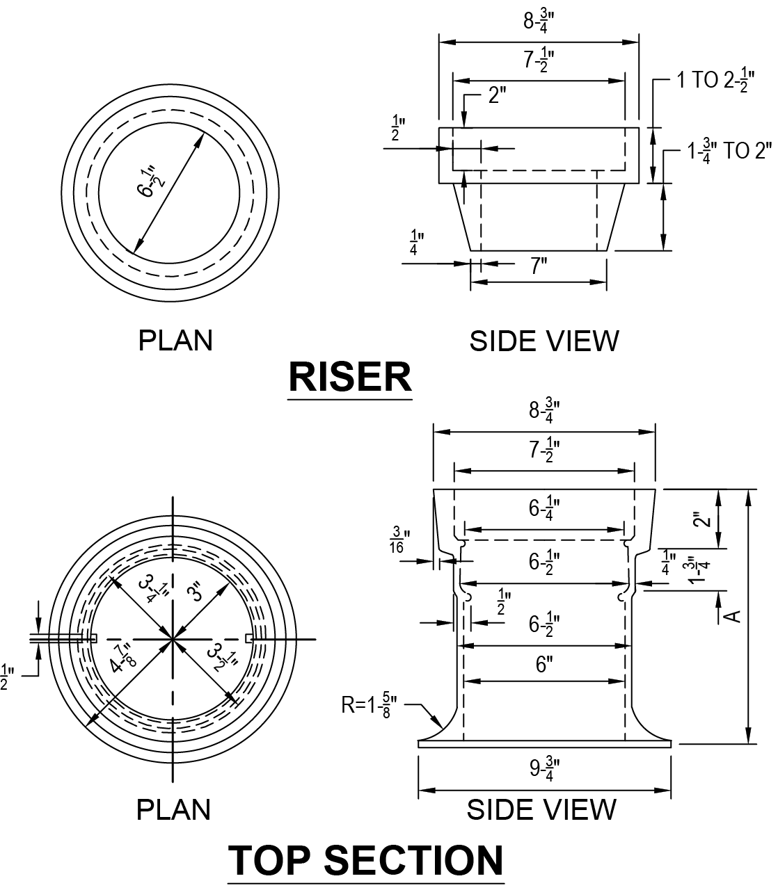 Technical drawing of a riser with plan and side view, including dimensions for the top section.