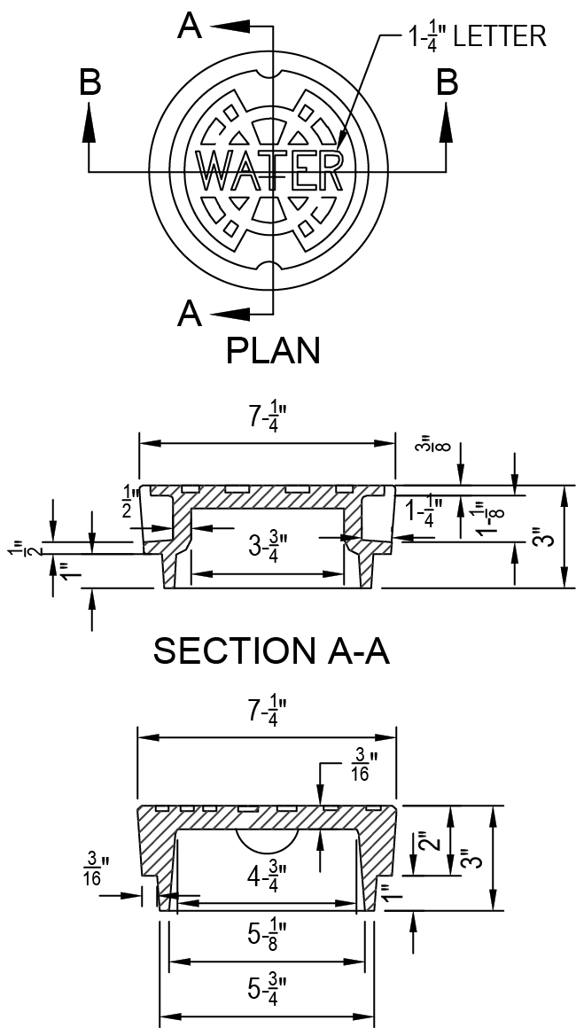 Technical drawing showing a water drain cover with dimensions and sections labeled A and B.