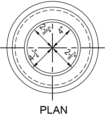 Top view architectural plan featuring circular structure with dimensions and directional arrows.