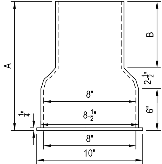 Technical drawing of a part with labeled dimensions: height (A), width (B), and various measurements including 8", 10", and 6".