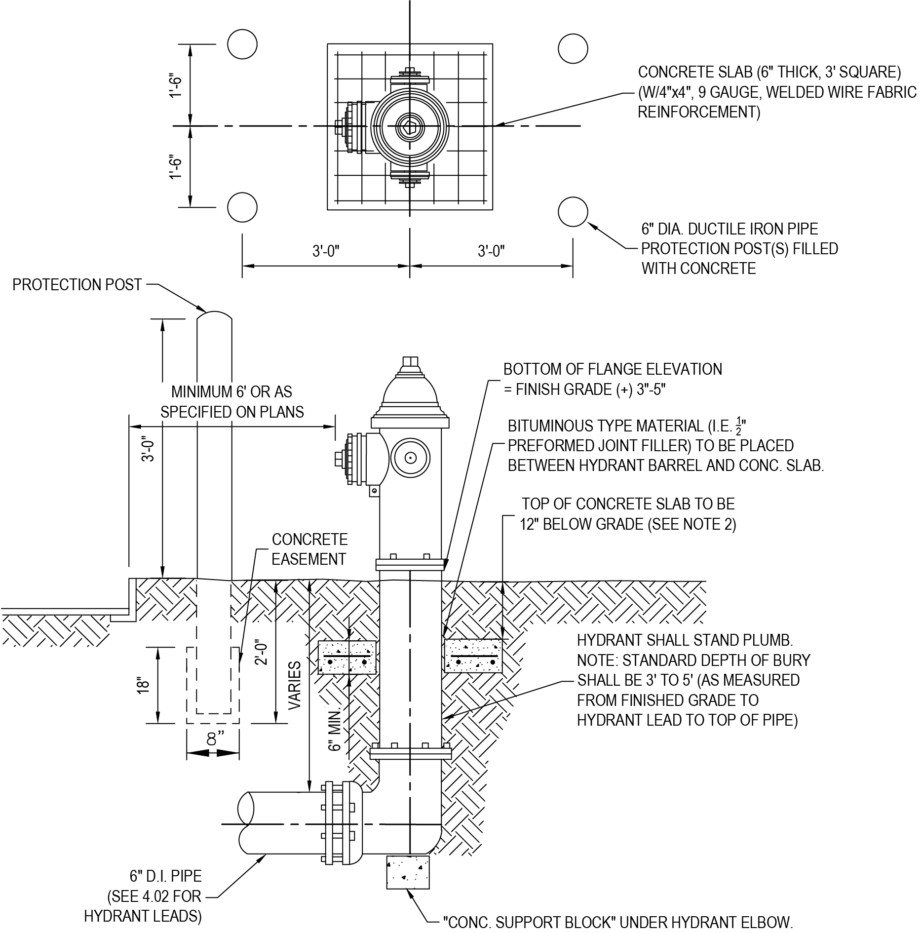Diagram of a fire hydrant installation, including dimensions, structural details, and components like a protection post and concrete slab.