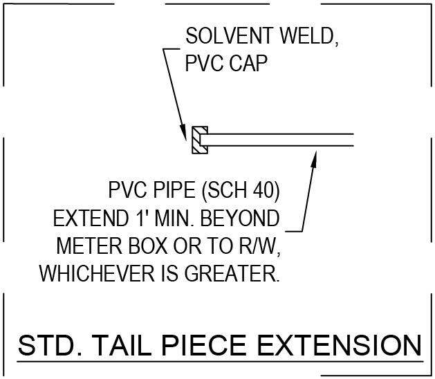 Diagram illustrating a standard tail piece extension with details on solvent weld, PVC cap, and pipe specifications.