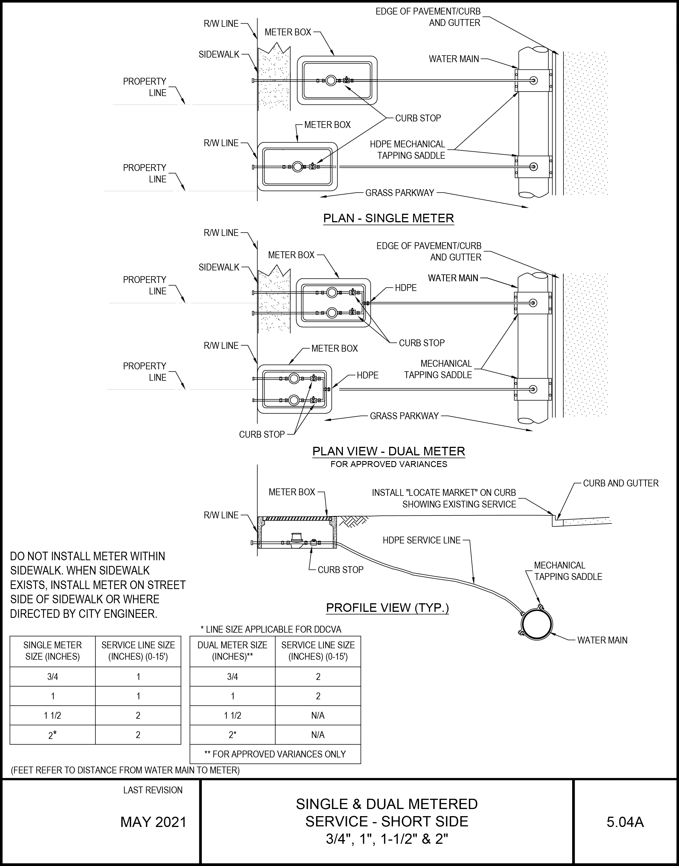 Technical drawing showing details of single and dual metered water service connections, including profile view and distance measurements.