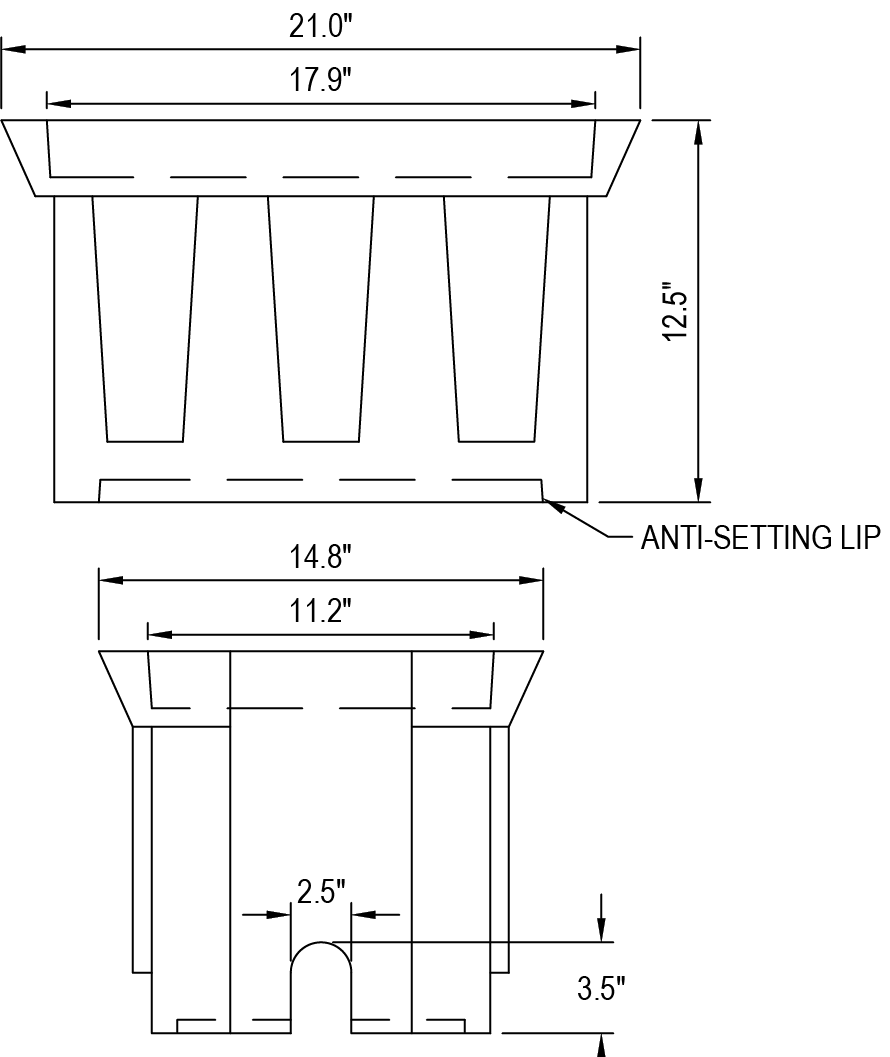 Technical drawing of a container with dimensions labeled, featuring an anti-setting lip and multiple vertical sections.