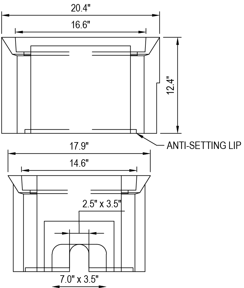 Technical drawing of a rectangular object with dimensions labeled: 20.7" x 14.6" x 12.4" and an anti-setting lip.