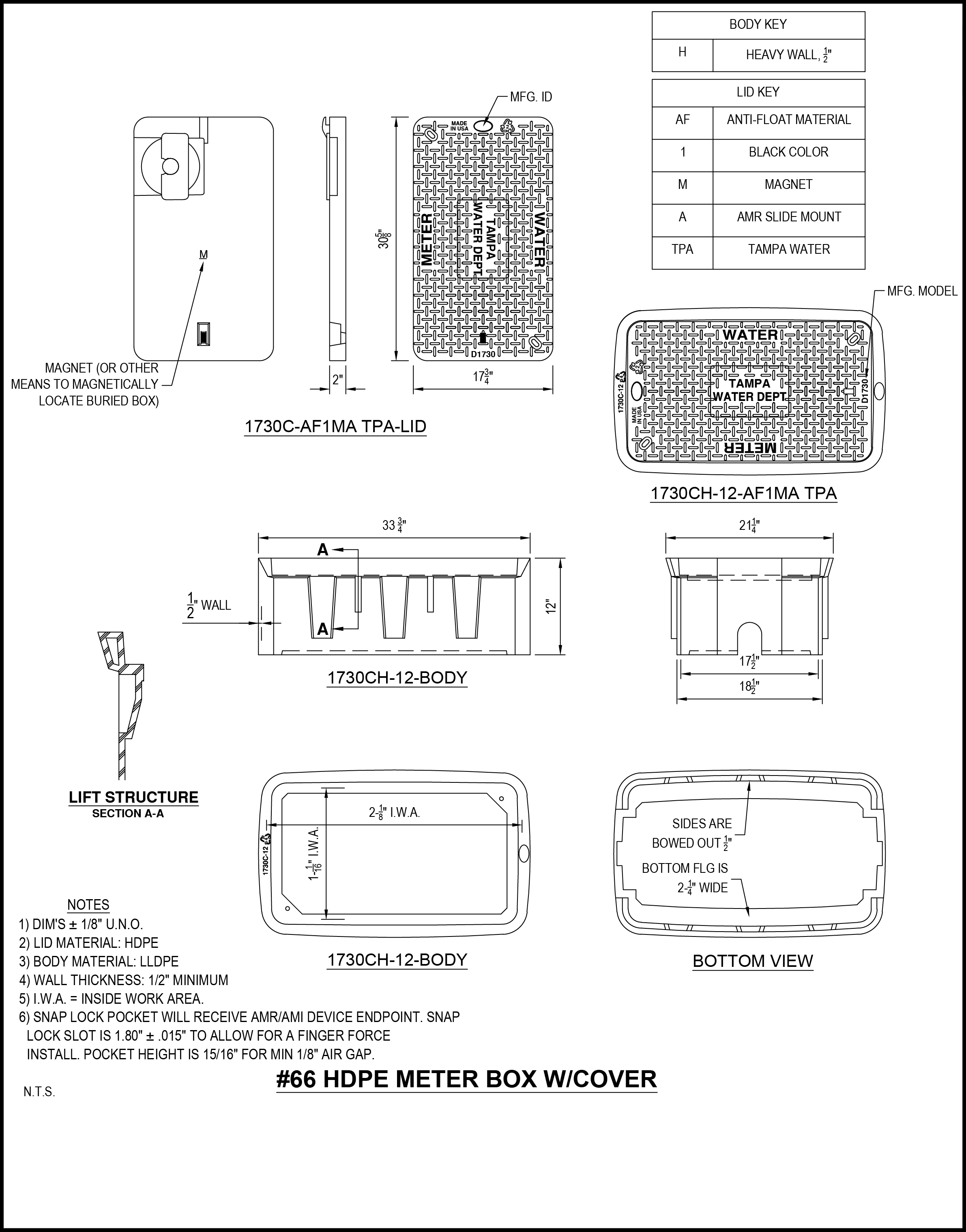 Technical drawing of a HDPE meter box with cover and dimensions, including top and bottom views, component labels, and installation notes.