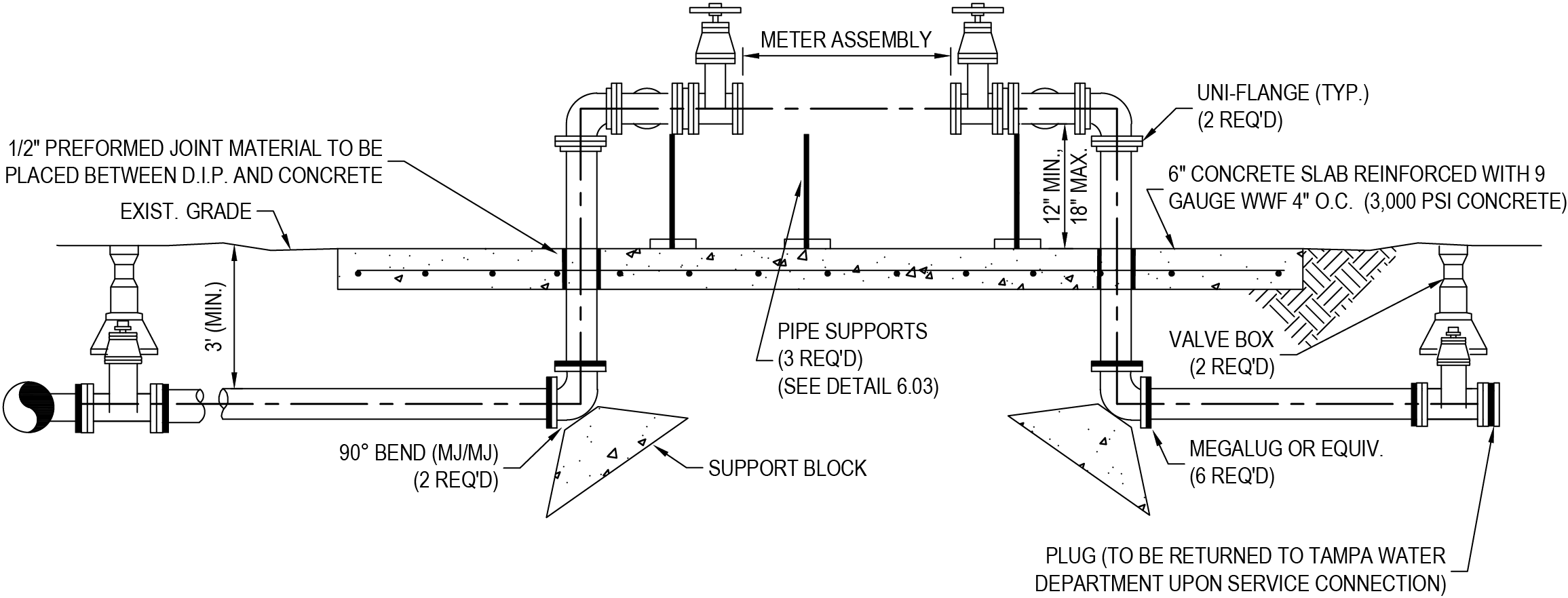 Engineering diagram showing water meter assembly and pipe system, including valves, support blocks, and concrete slab specifications.