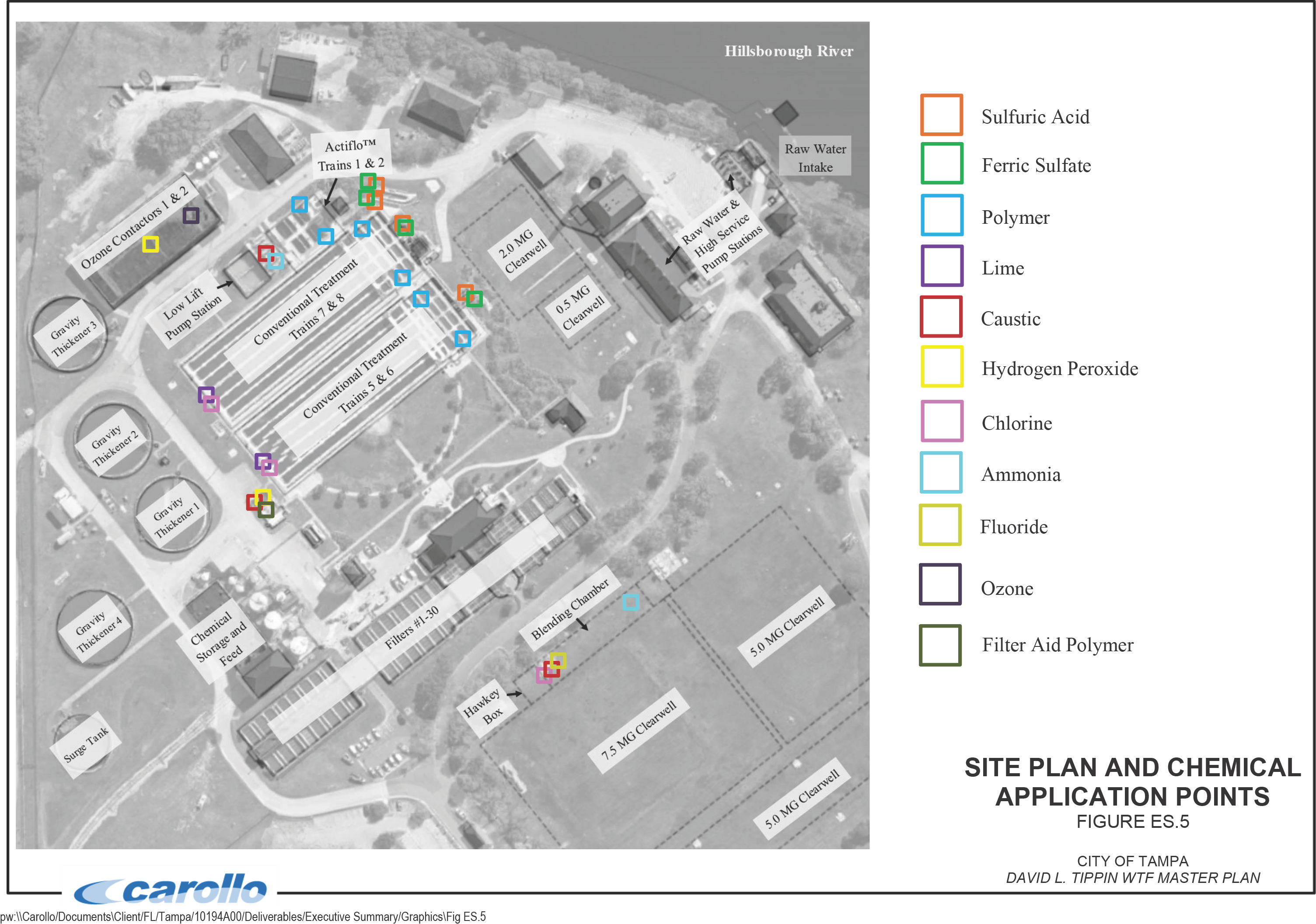 Site plan of chemical application points for Tampa's water treatment facility, indicating various chemicals and their locations on the map.