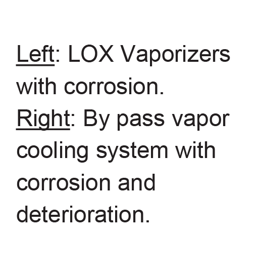 Comparison of corroded LOX vaporizers and bypass vapor cooling system showing corrosion and deterioration.