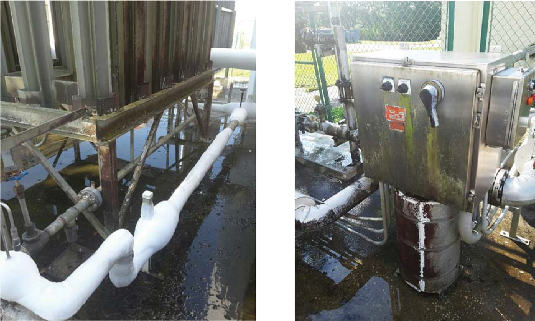 Industrial equipment with pipes and foam, showing infrastructure and possibly water contaminants in a water treatment facility.