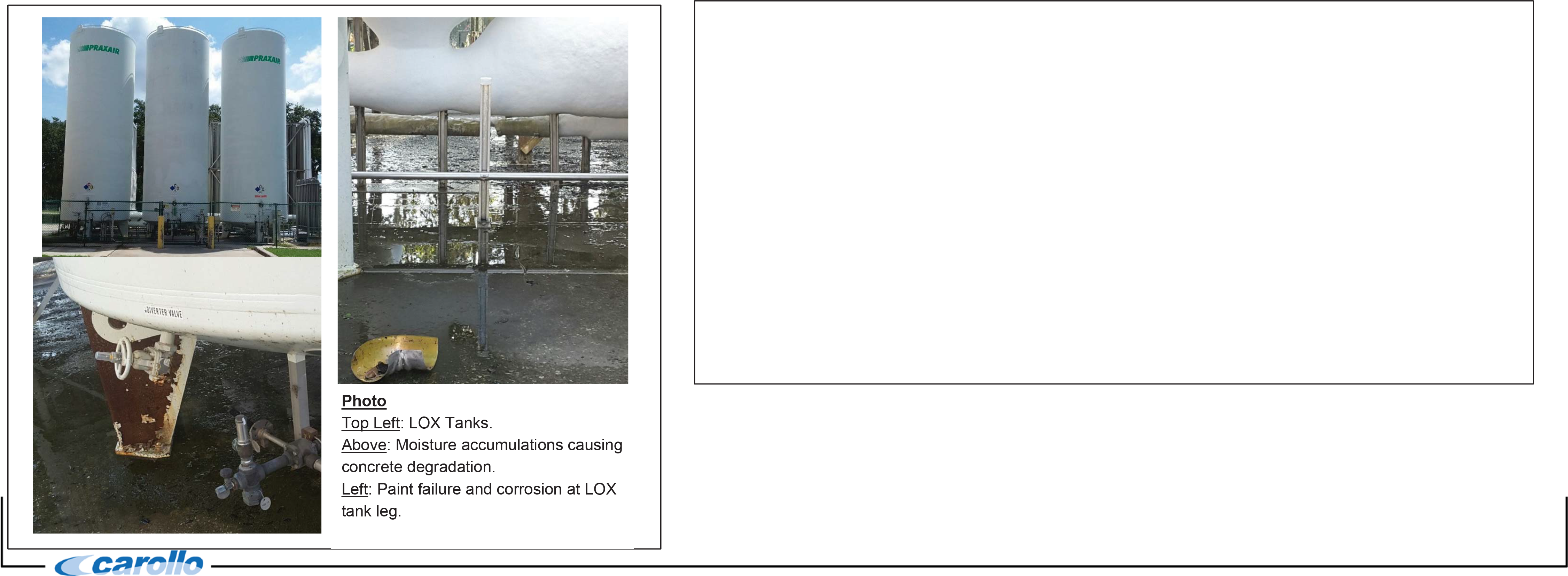 Image showing LOX tanks with moisture damage and corrosion on a tank leg, highlighting concrete degradation.