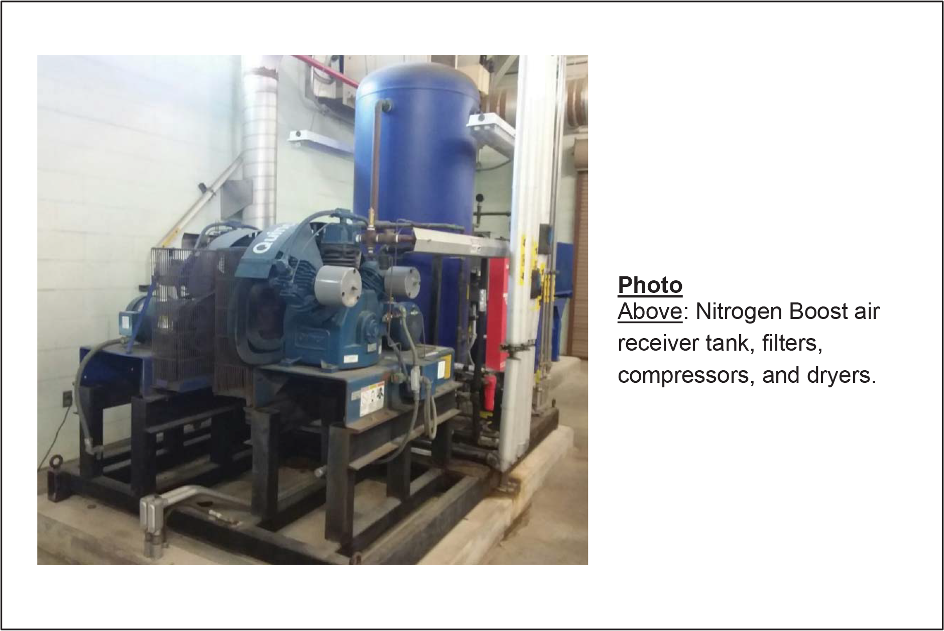 Nitrogen Boost air receiver tank, filters, compressors, and dryers in an industrial setting.
