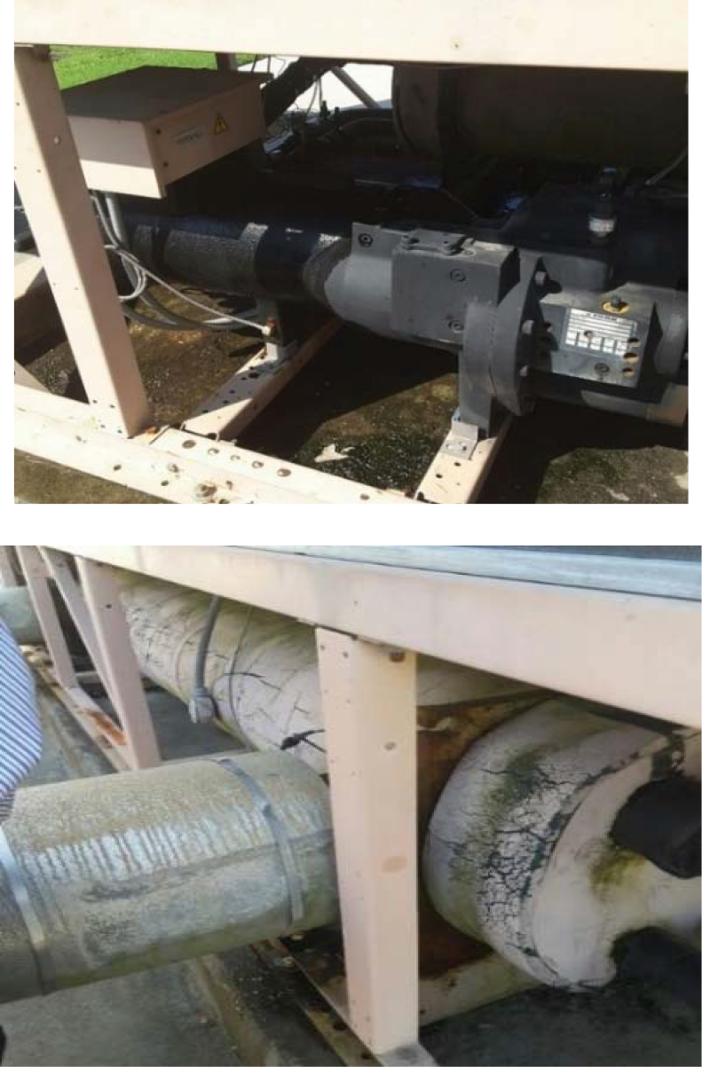 Close-up of machinery and pipes, one section showing a motor with labels, the other showing a cracked pipe surface.