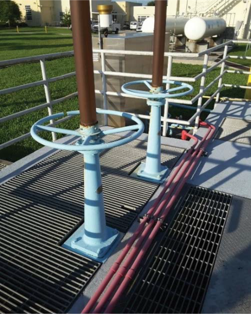 Two blue valve wheels on a platform with red pipes and a green lawn in the background.