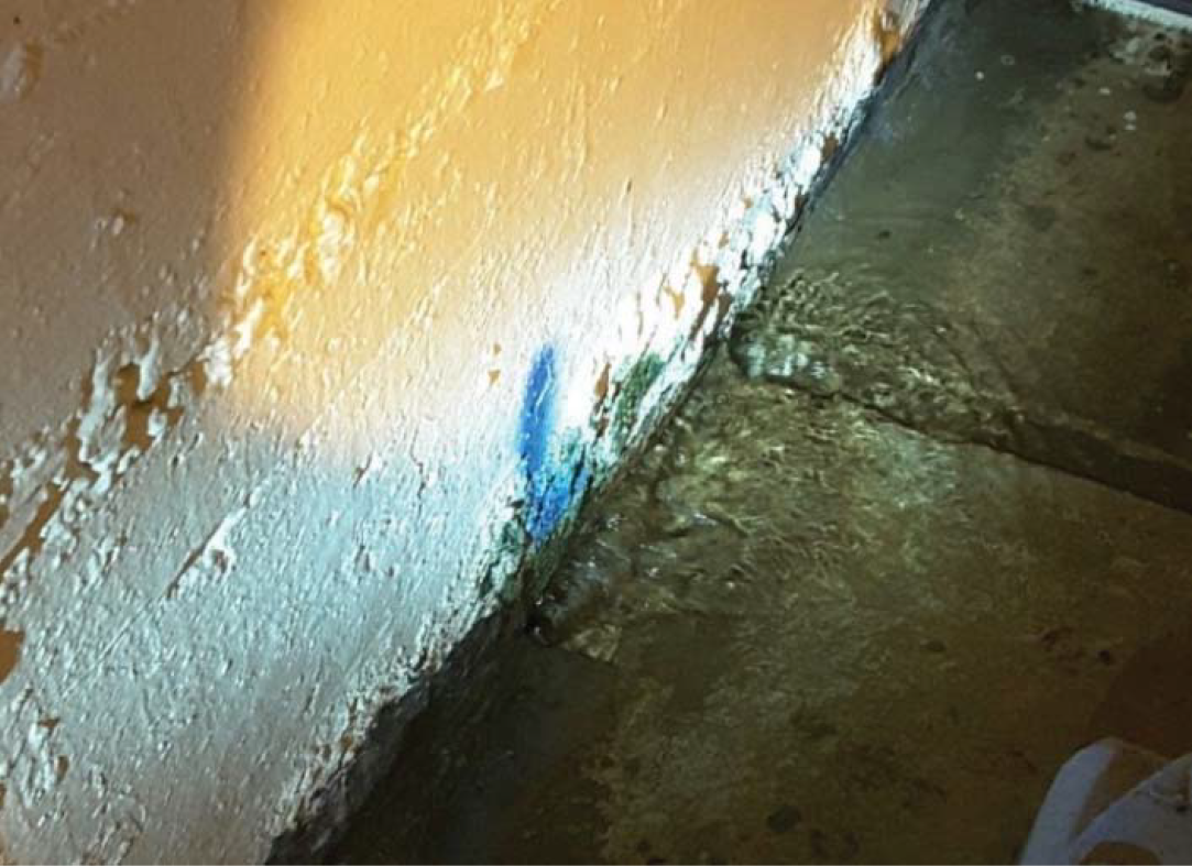 A damp wall with peeling paint, illuminated by light, revealing wet patches on the floor.