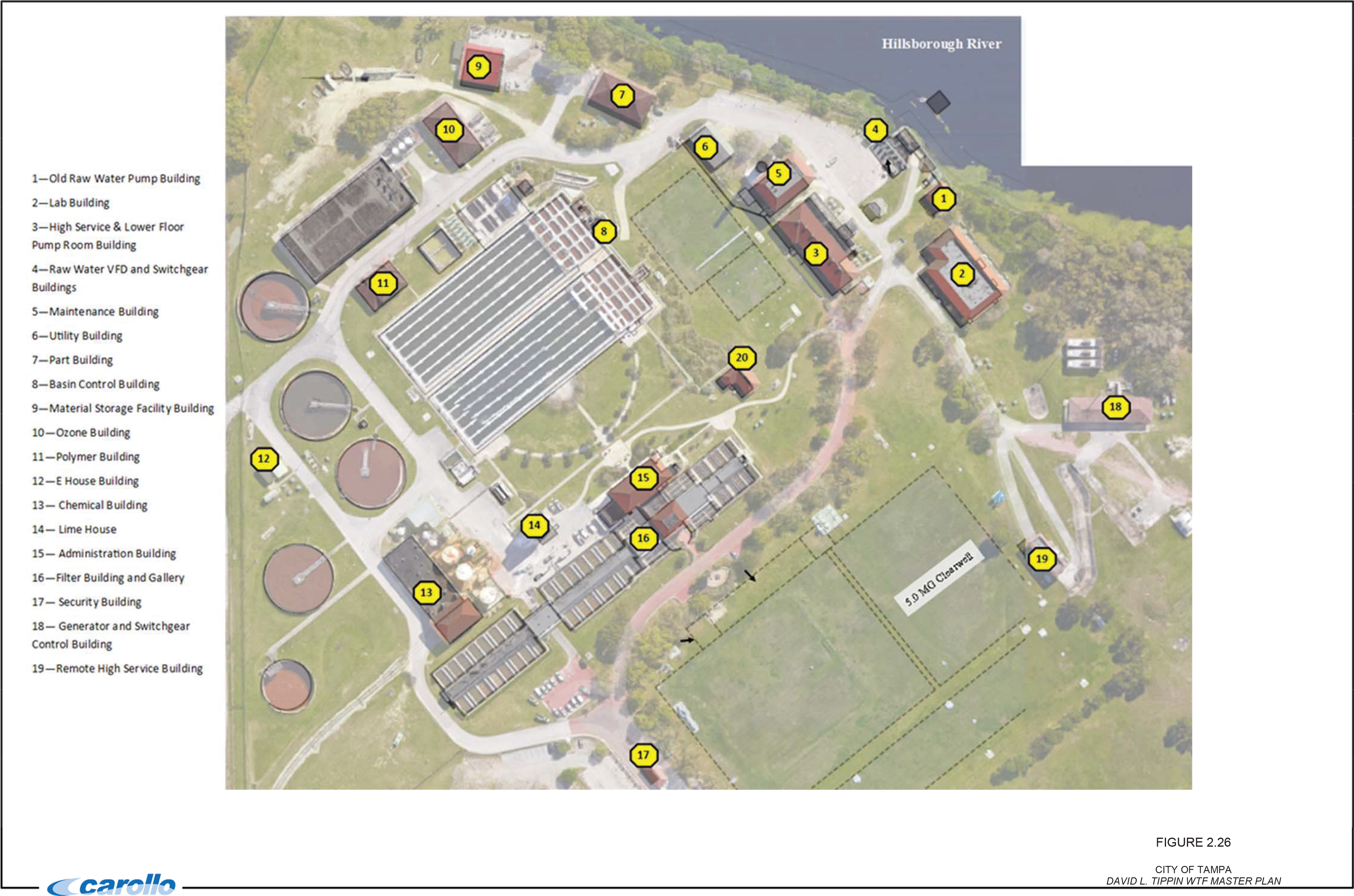Map of a facility with labeled buildings, including water pump, storage, maintenance, and administration structures, near the Hillsborough River.