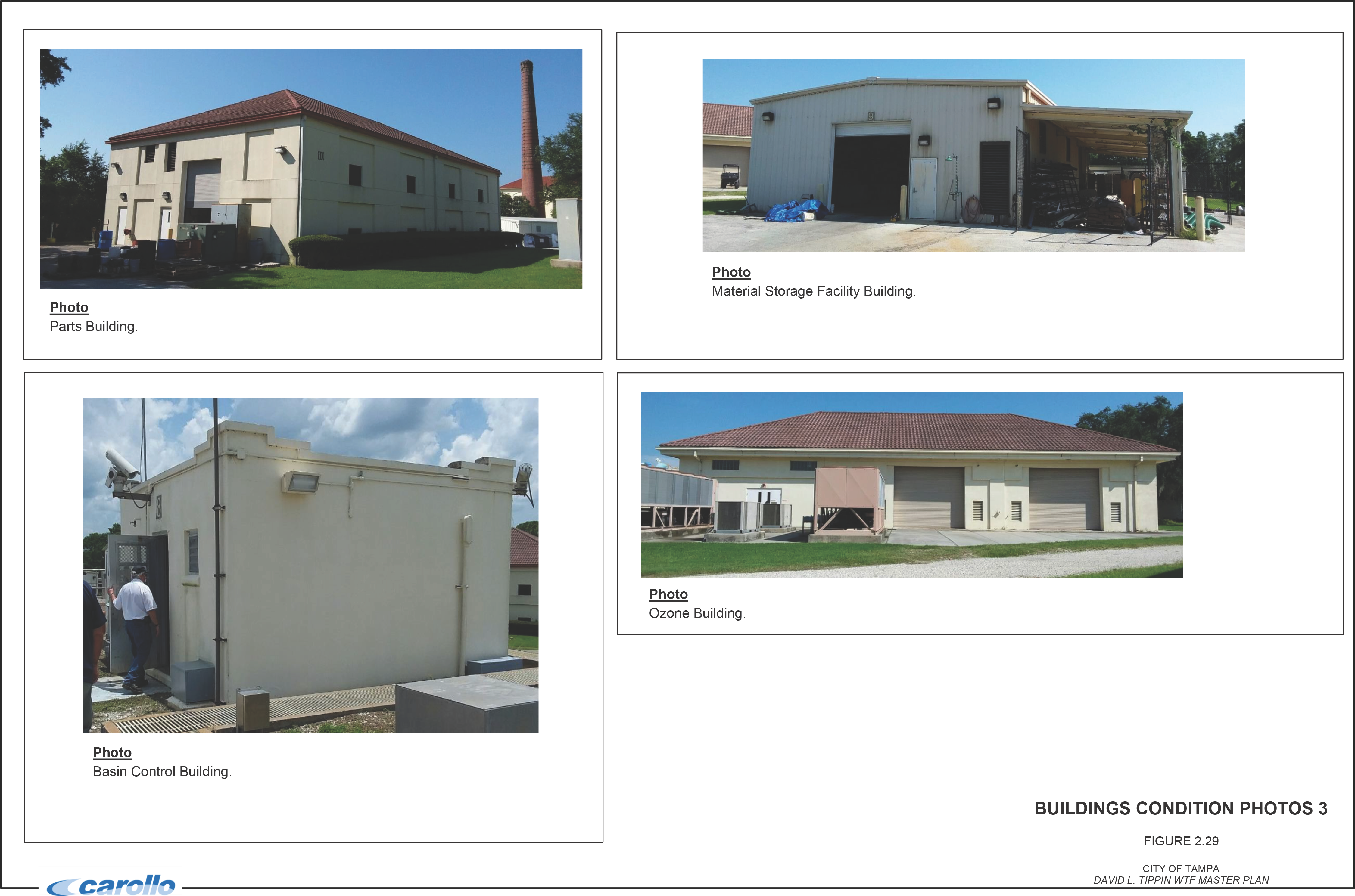 Four images of buildings: Parts Building, Material Storage Facility, Basin Control Building, and Ozone Building, all featuring different architectural styles.