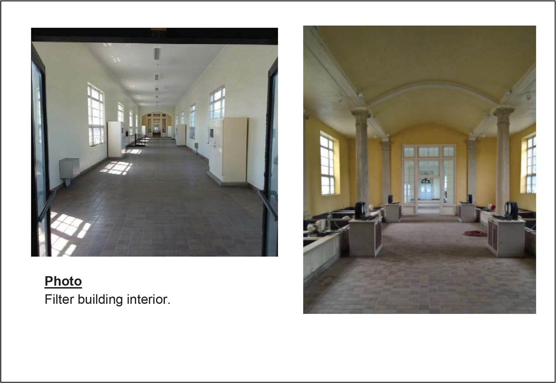 Interior of a filter building showing two connected rooms with large windows and empty spaces.