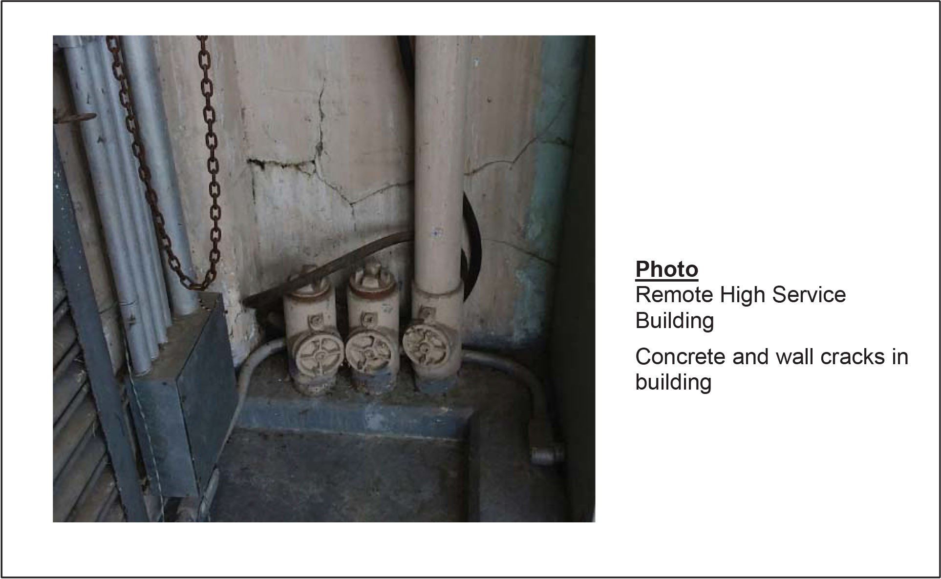 Interior view of a remote building showing cracked concrete walls and piping.