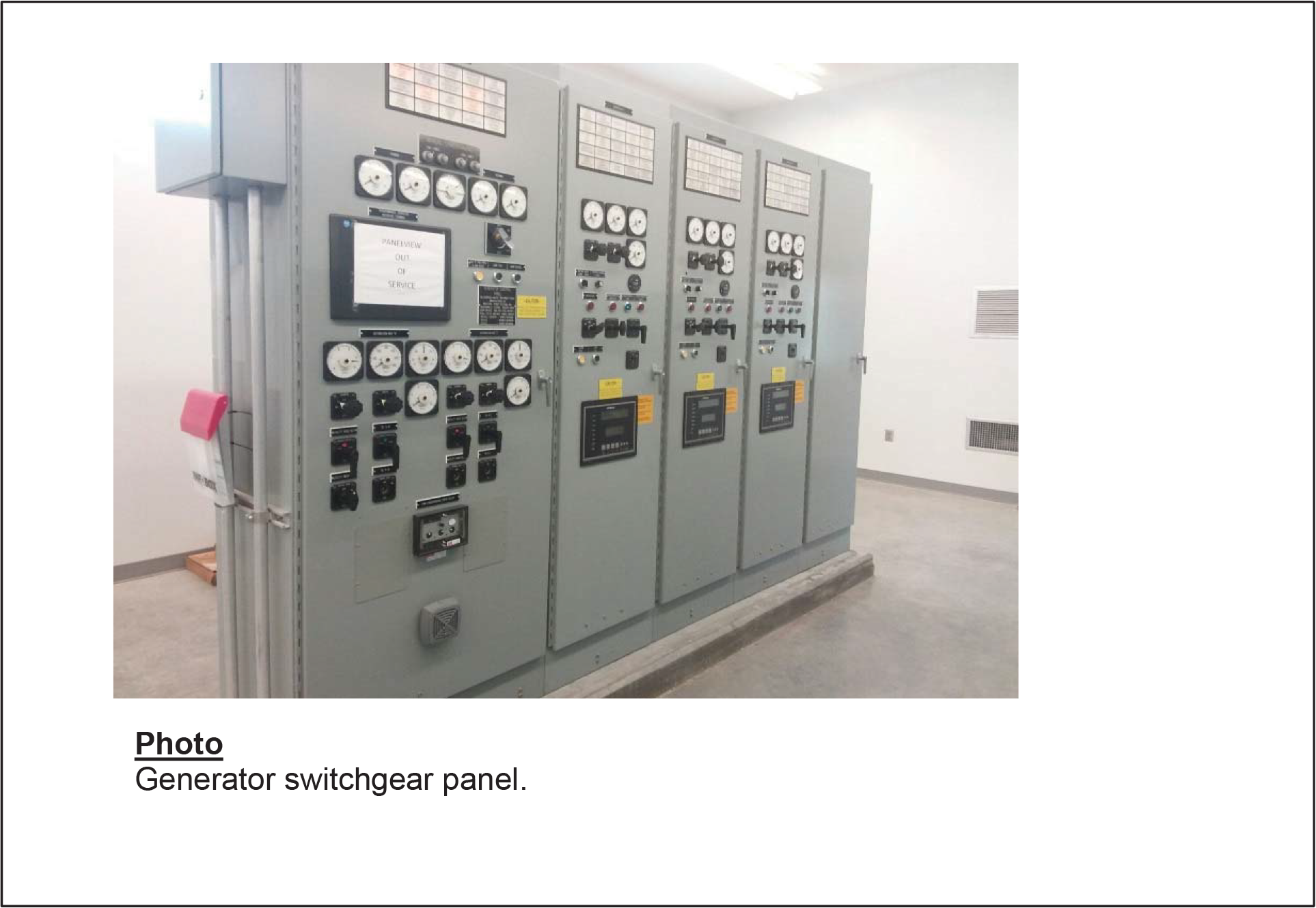 Generator switchgear panel with multiple dials, switches, and a control display in a gray enclosure.