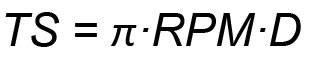 Mathematical equation showing TS = π RPMD, with variables TS, RPM, and D depicted in a clear font.