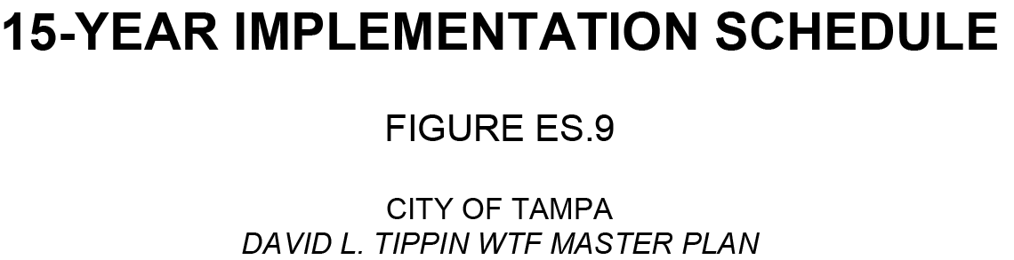 Text document titled '15-Year Implementation Schedule' for the City of Tampa, referencing 'David L. Tippin WTF Master Plan'.