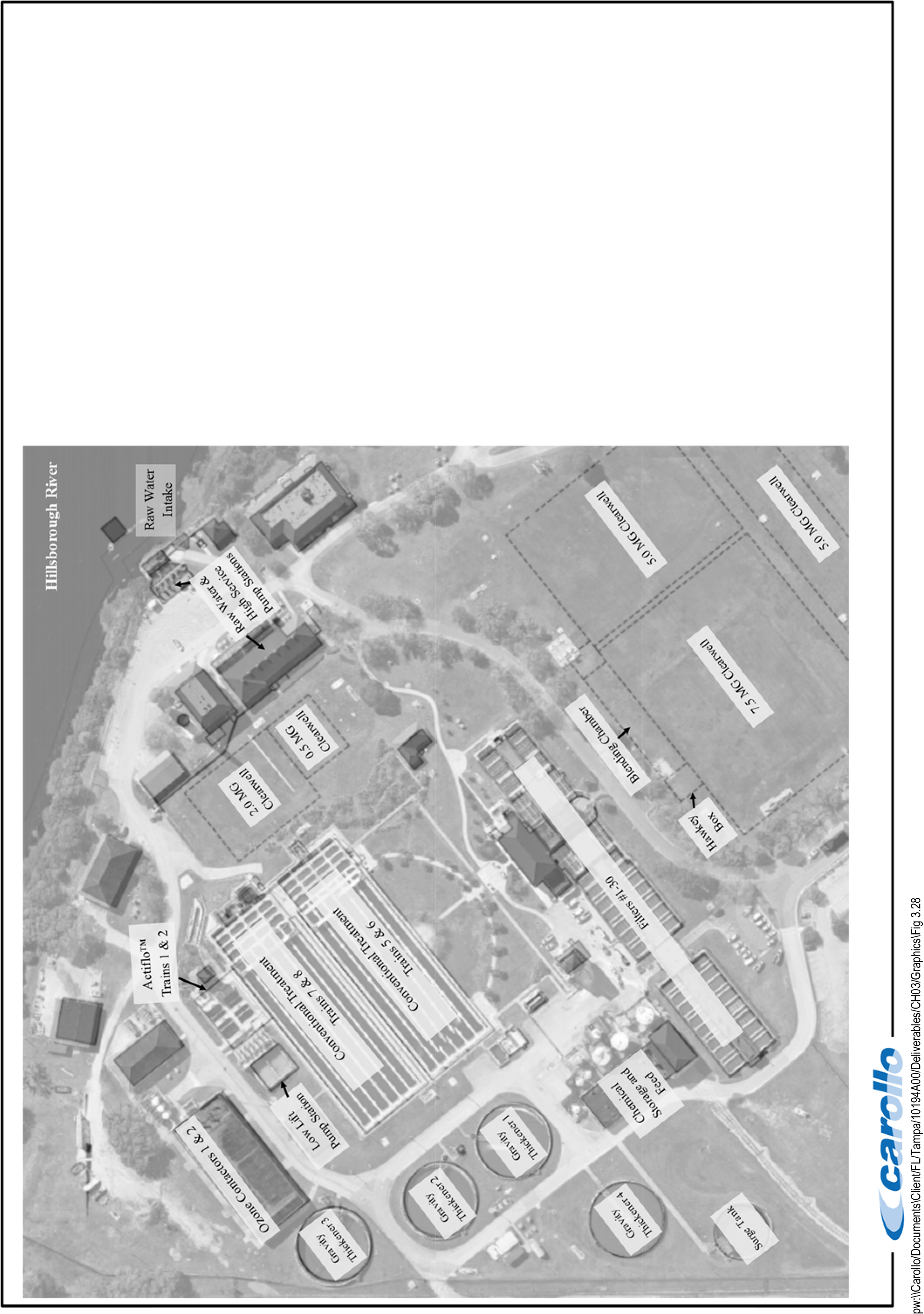 Aerial view of a facility layout showing various buildings, roads, and labeled areas, including the Illinois River and nearby structures.