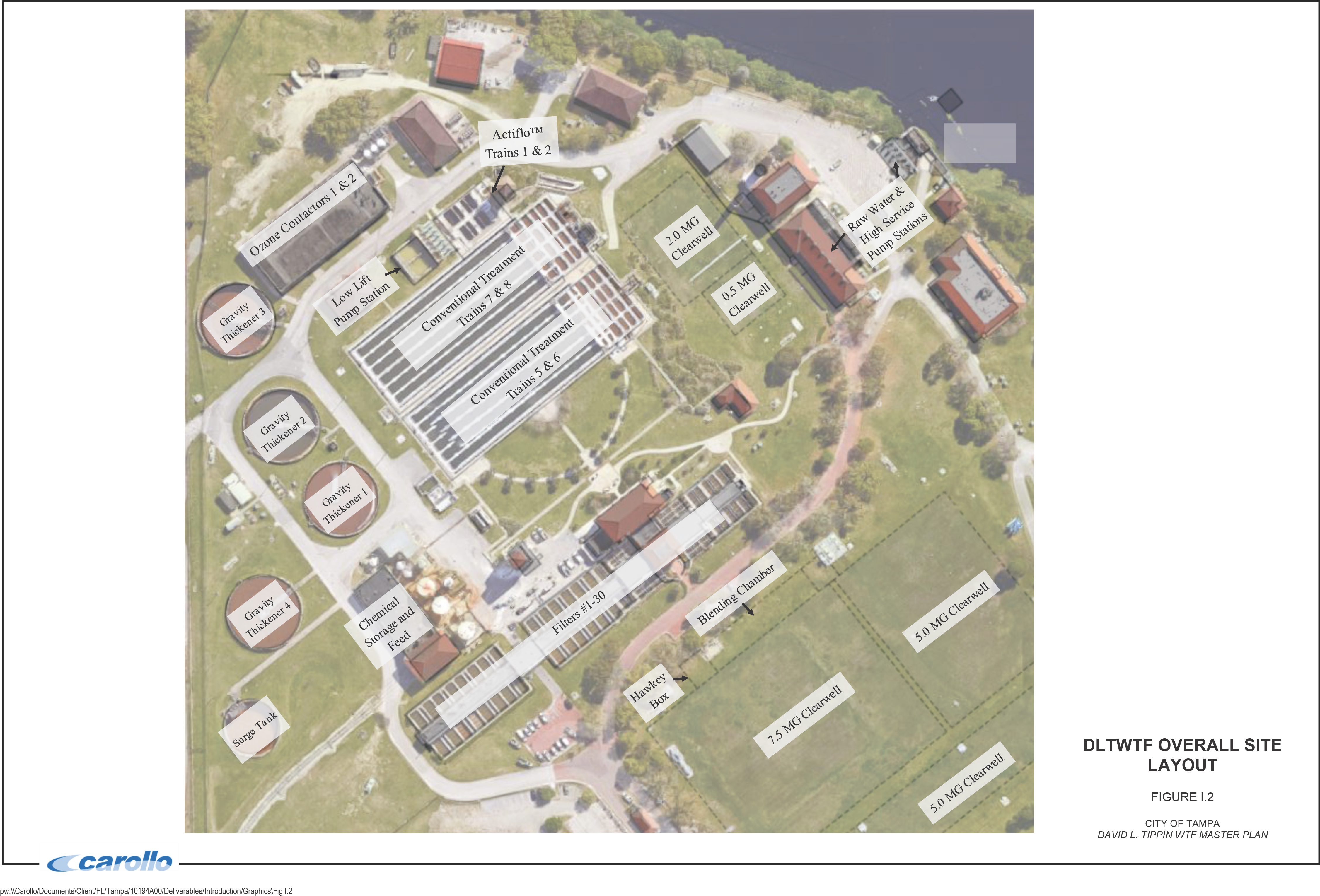 Aerial layout of the DLTWTF site, showing buildings, train locations, and site plan details.