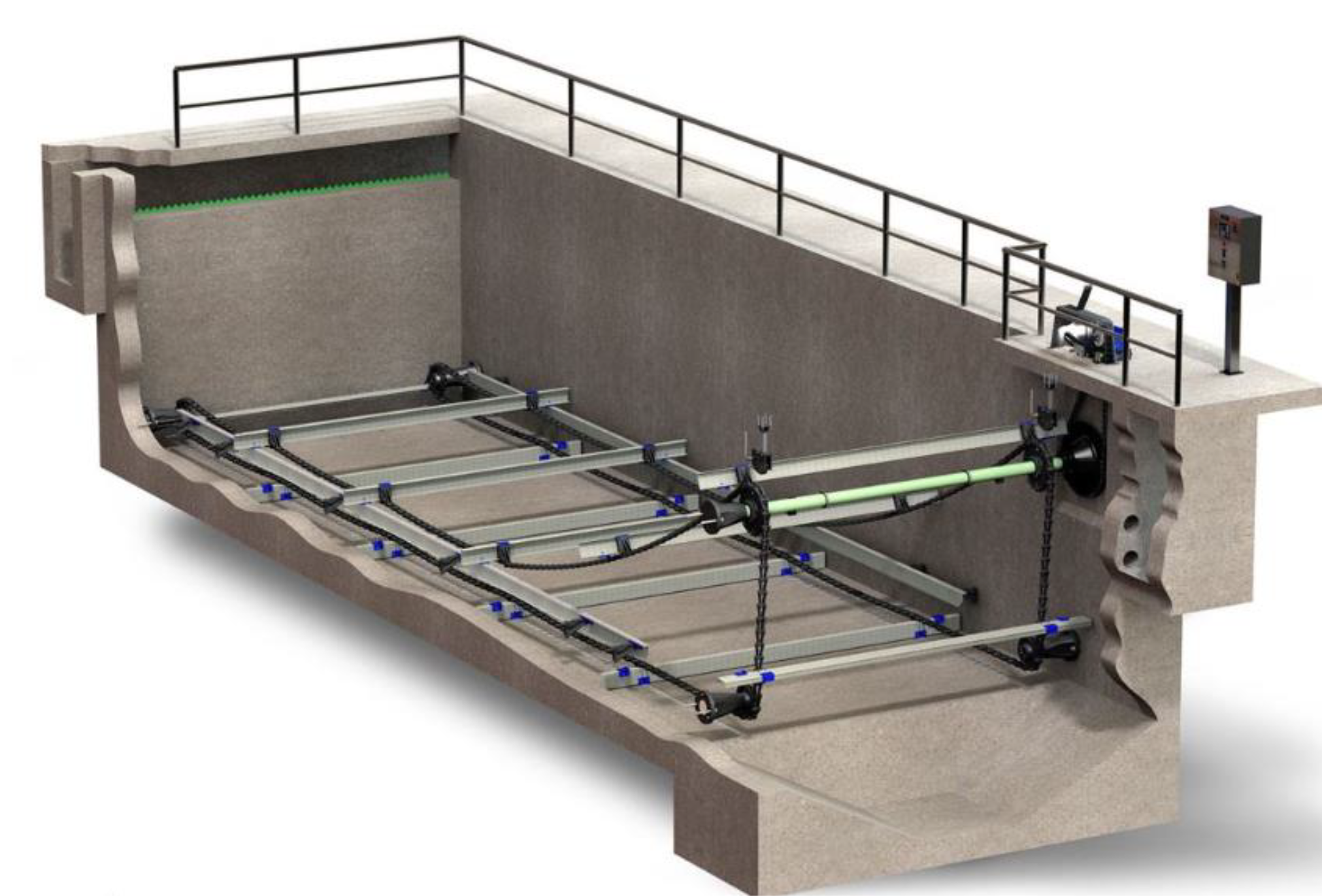 Technical illustration of a concrete tank with mechanical components, showcasing a system for wastewater treatment or fluid management.