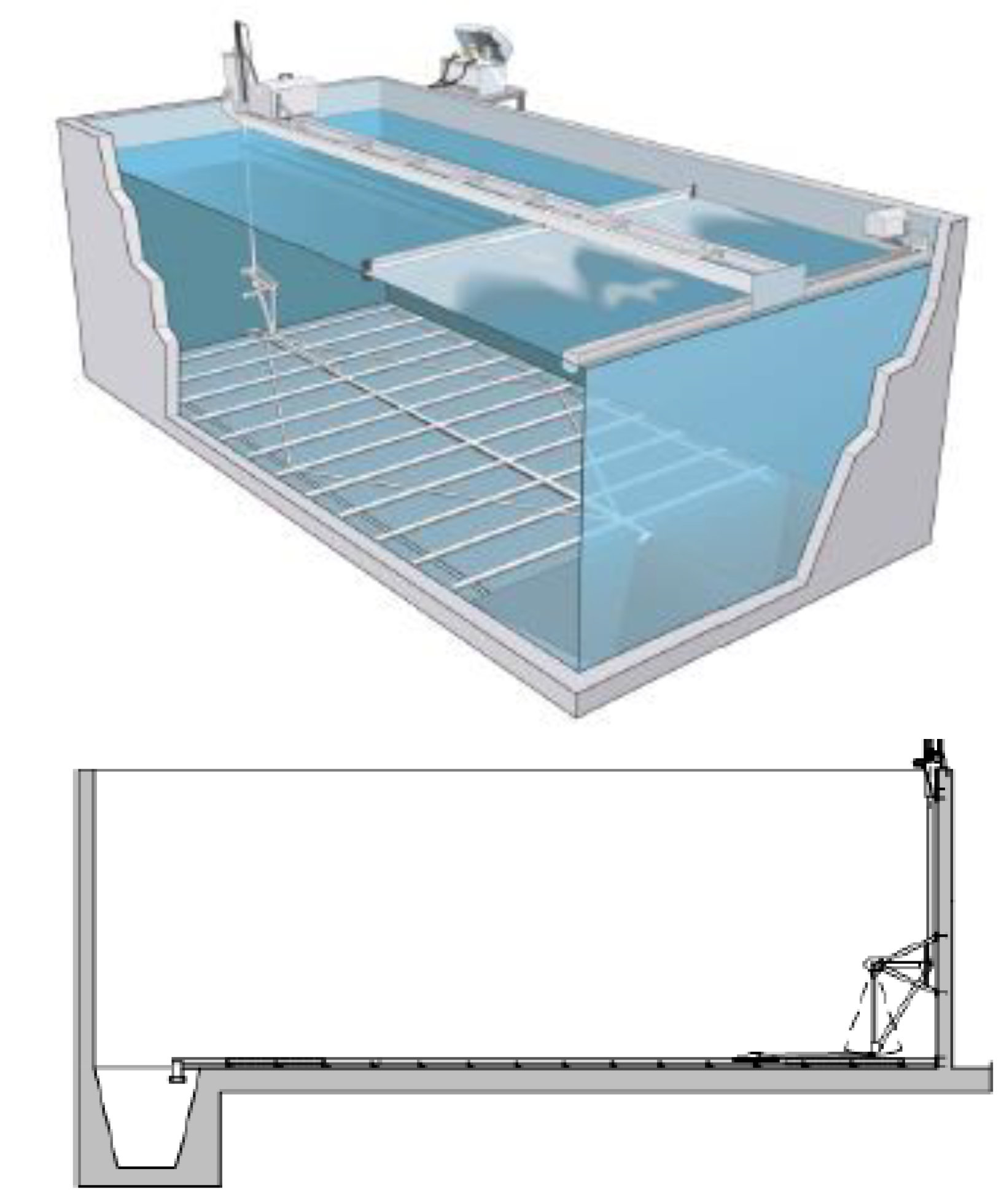 Diagram showing a horizontal water tank design with internal structures for water flow management.