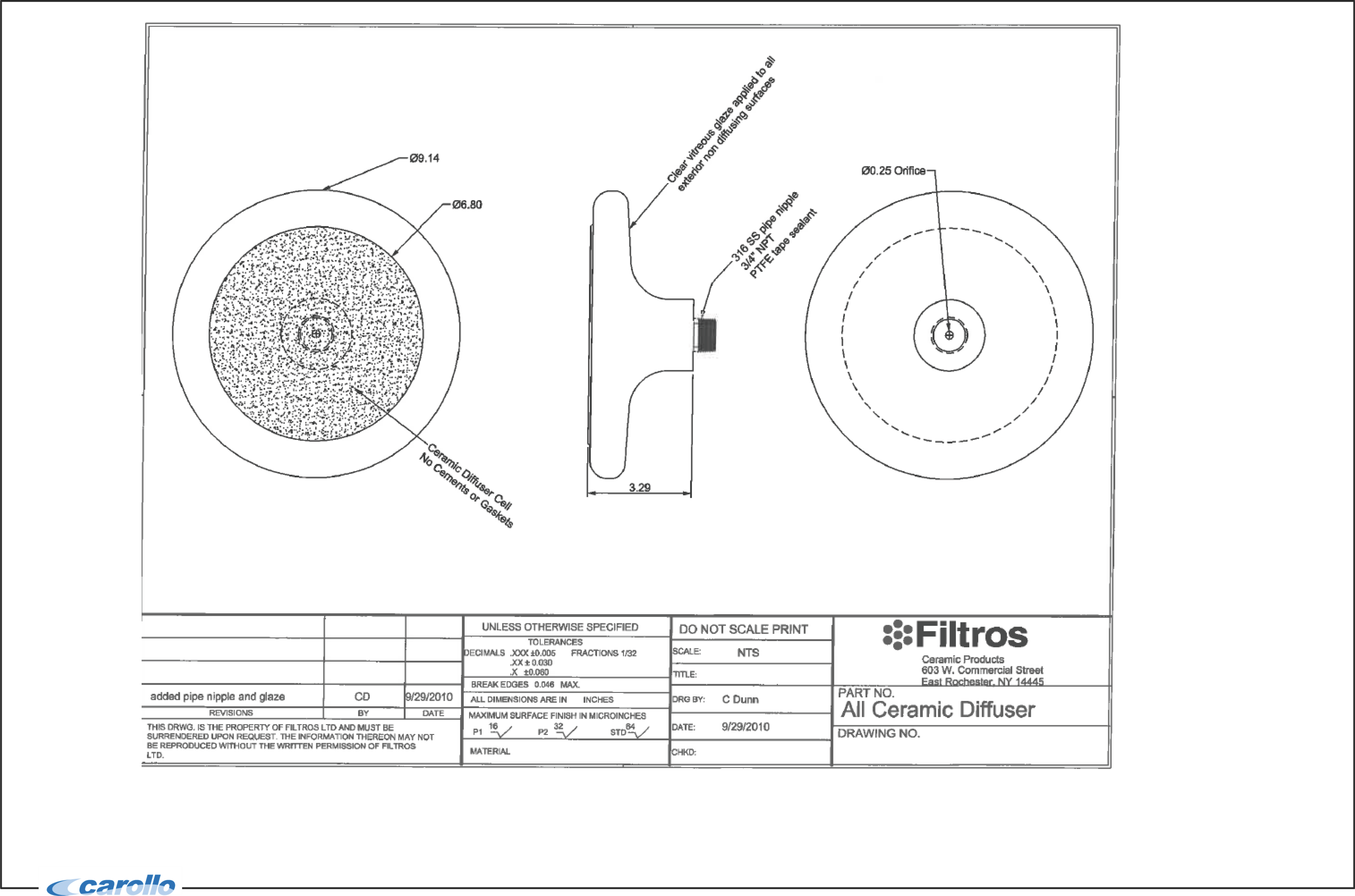 Technical drawing of an all ceramic diffuser, showing top, side, and dimensions on a diagram.