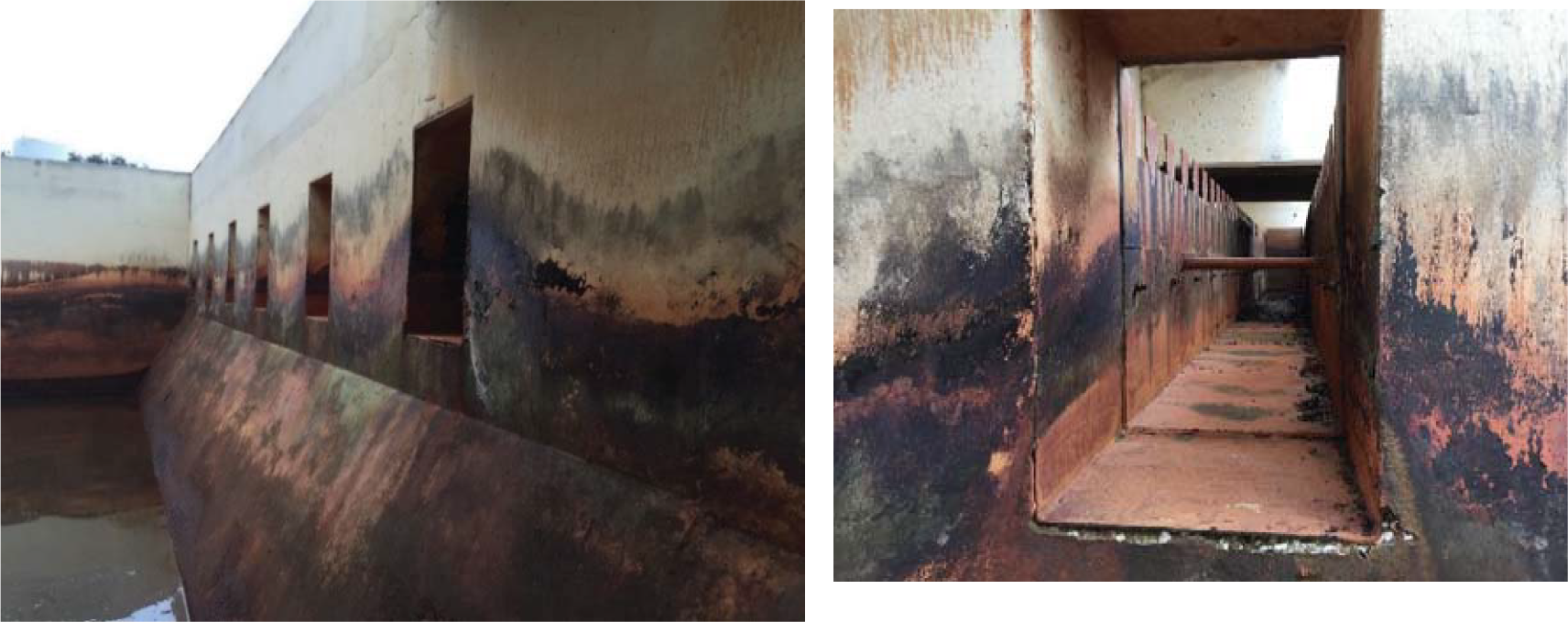 Two images showing rusted walls of a large structure with openings, suggesting decay and neglect, possibly in an industrial setting.