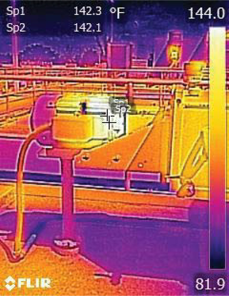 Thermal image showing equipment with temperature readings; highlights include Sp1 at 142.3°F and Sp2 at 142.1°F.