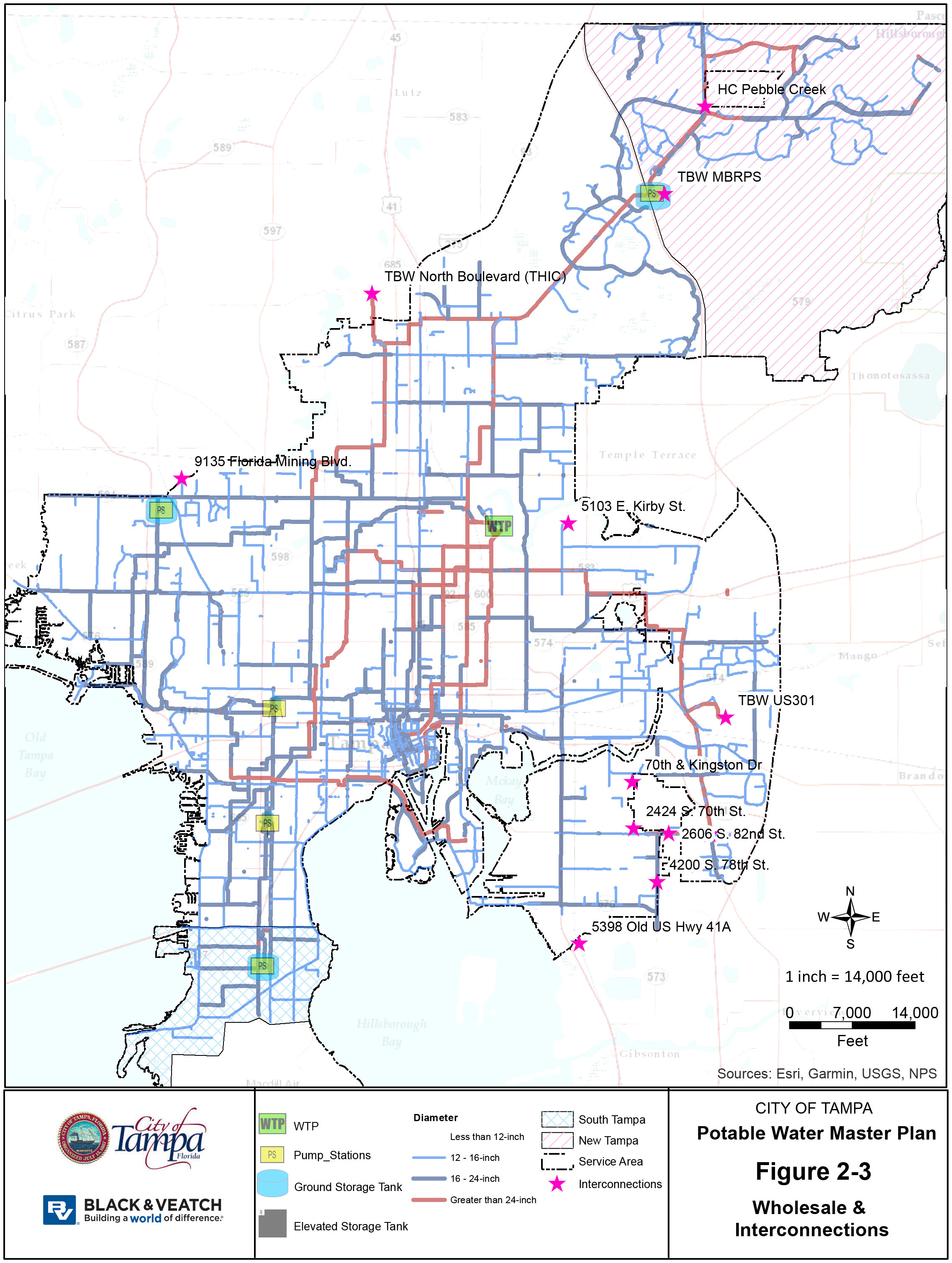 Map of Tampa's potable water master plan, showing wholesale and interconnections, including various streets and water infrastructure elements.