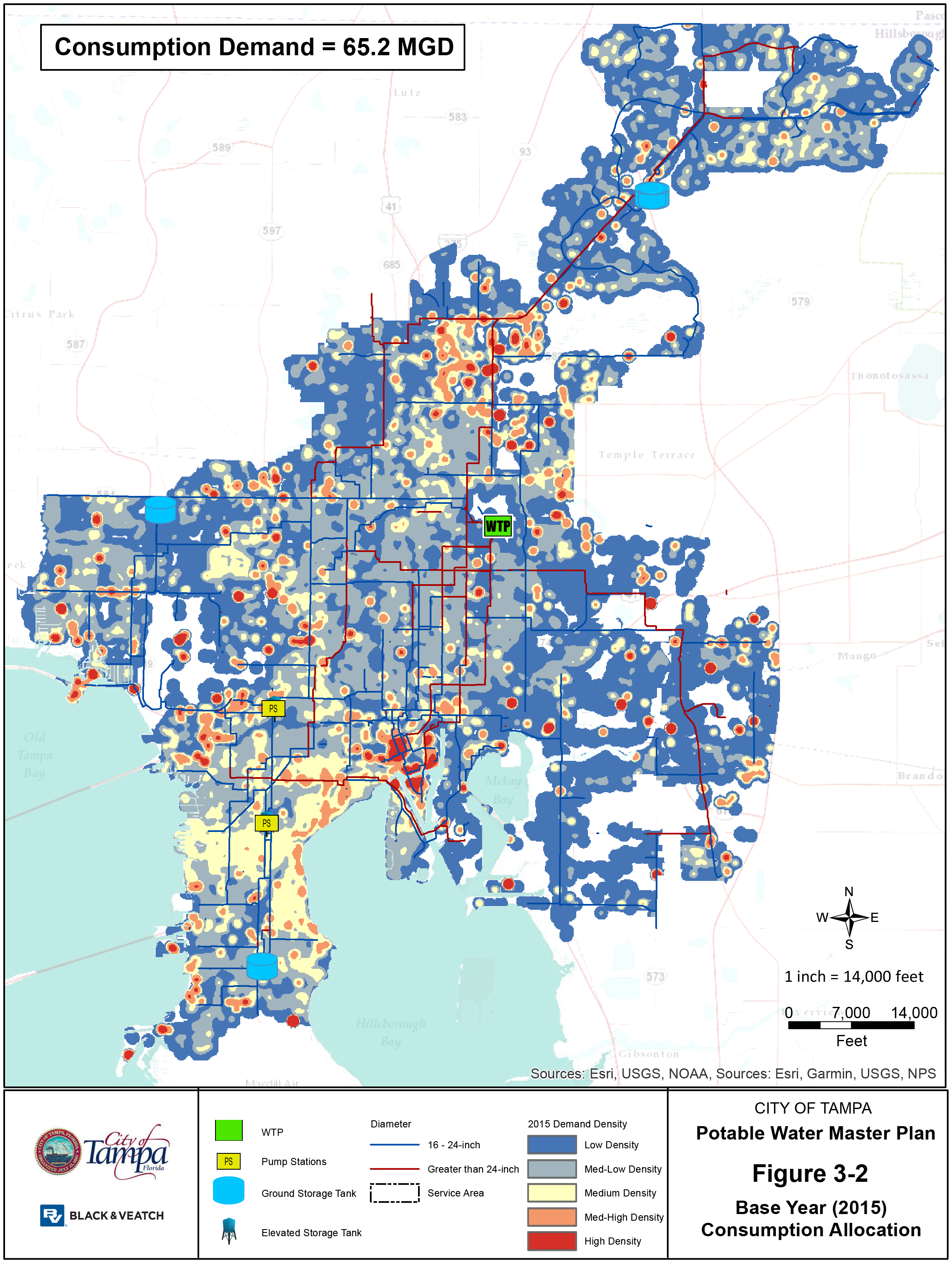 Map of Tampa's 2015 potable water master plan showing consumption demand and distribution of water treatment plants.
