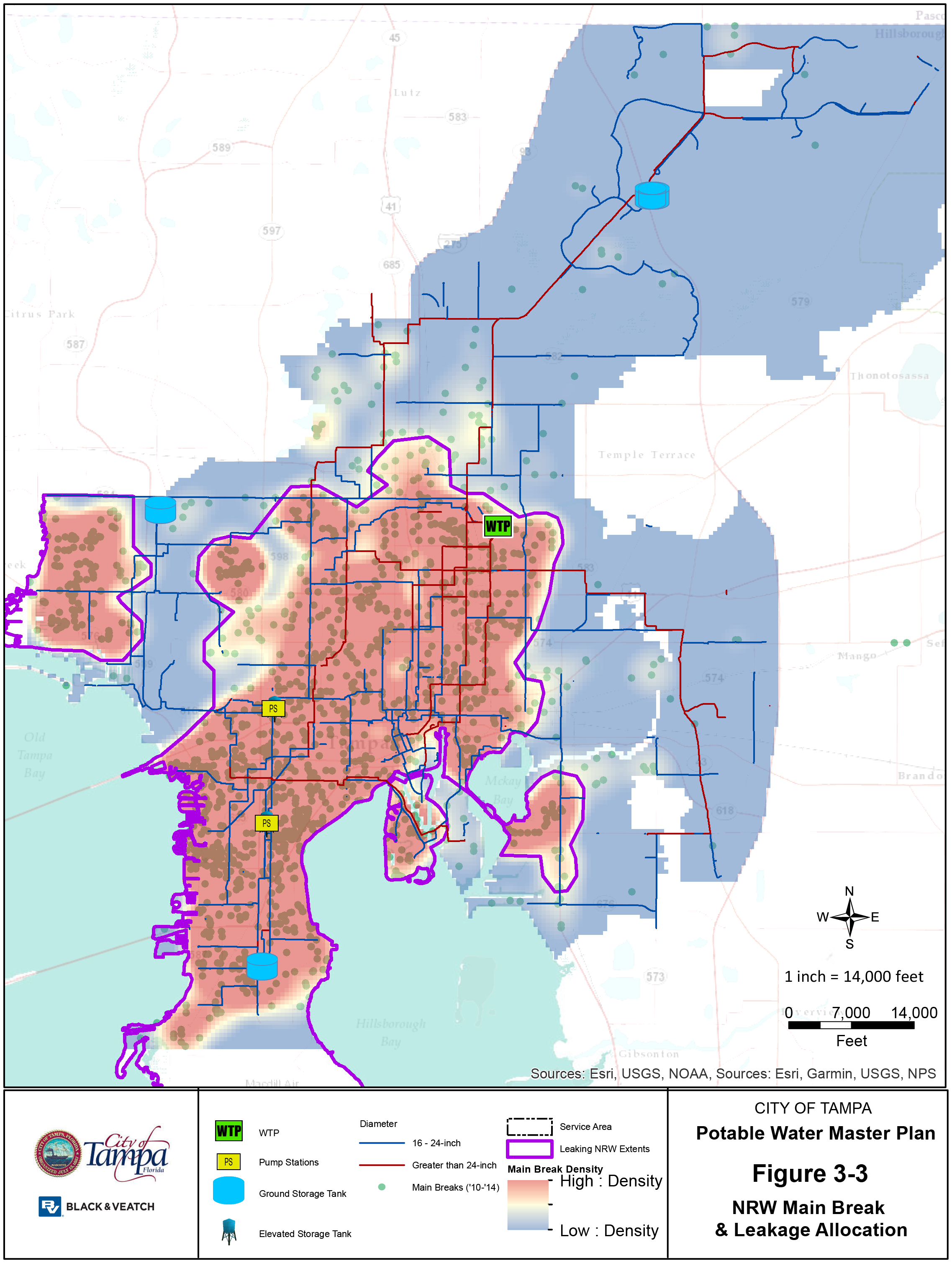 Map of Tampa showing potable water master plan with colored density areas for water treatment plants, main breaks, and leakage allocation.