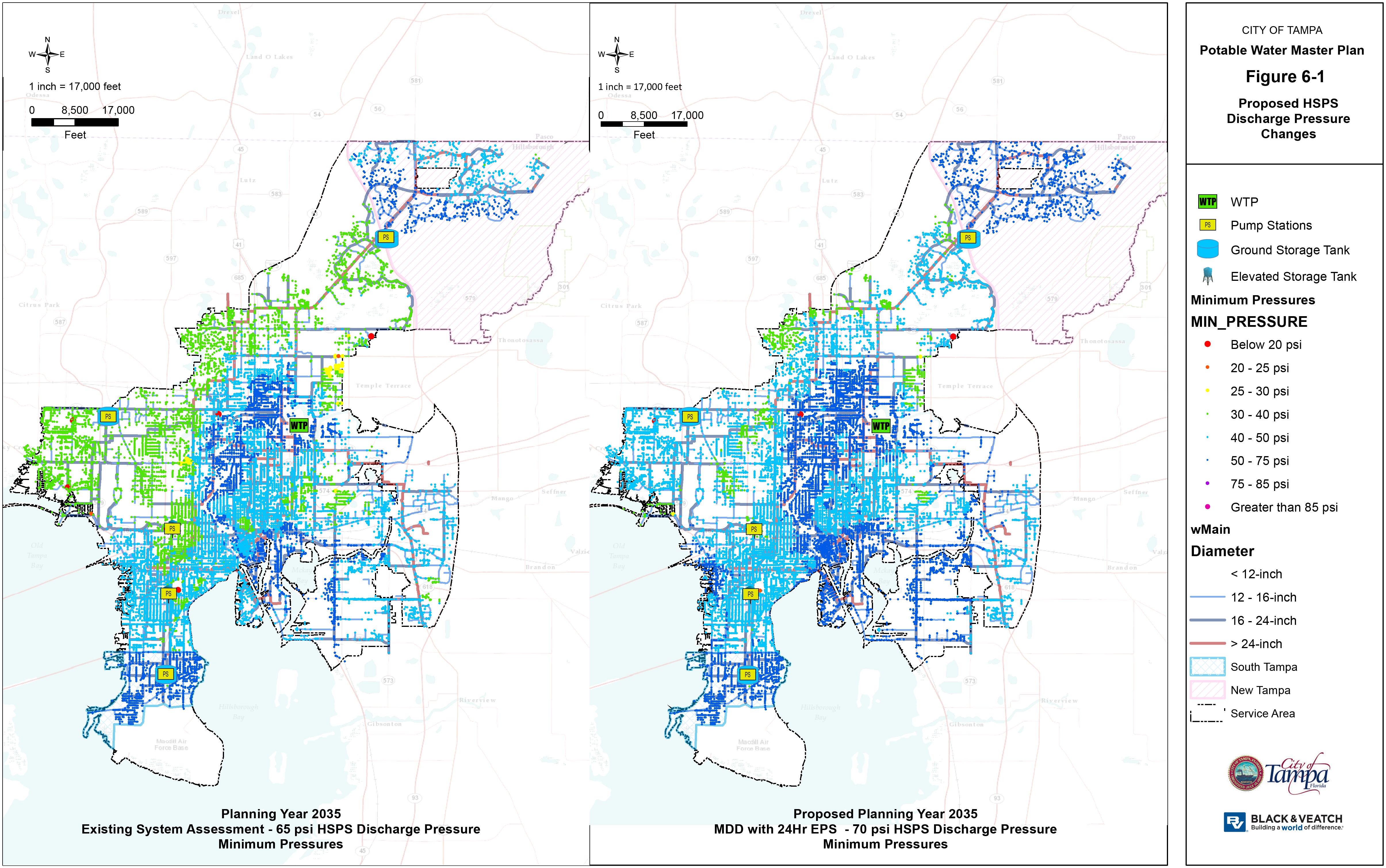 Map showing potable water master plan for 2015, highlighting existing and proposed water system pressures and infrastructure in blue and green.