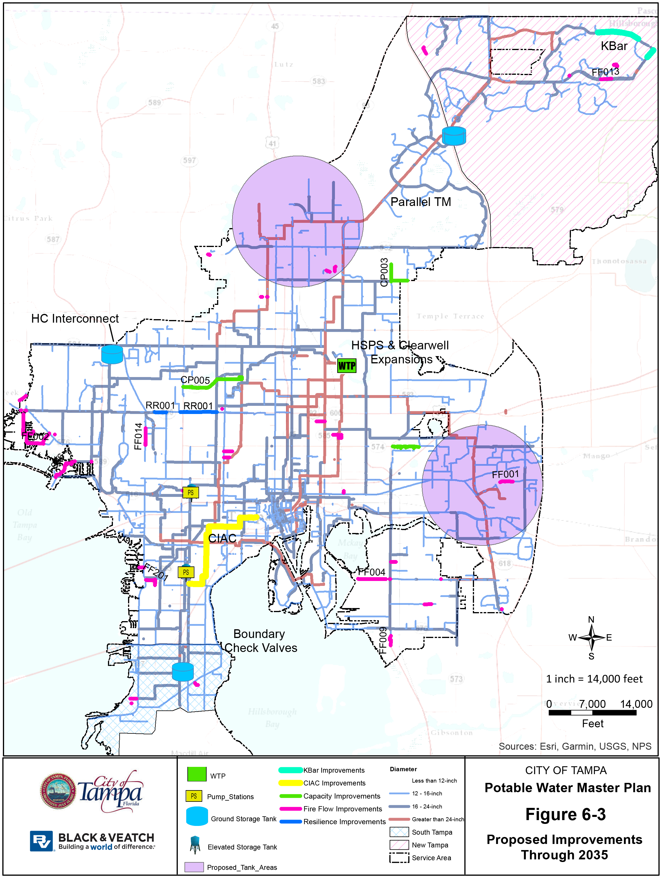 Map of proposed water system improvements in Tampa, showing pipelines, water treatment facilities, and expansion areas through 2035.