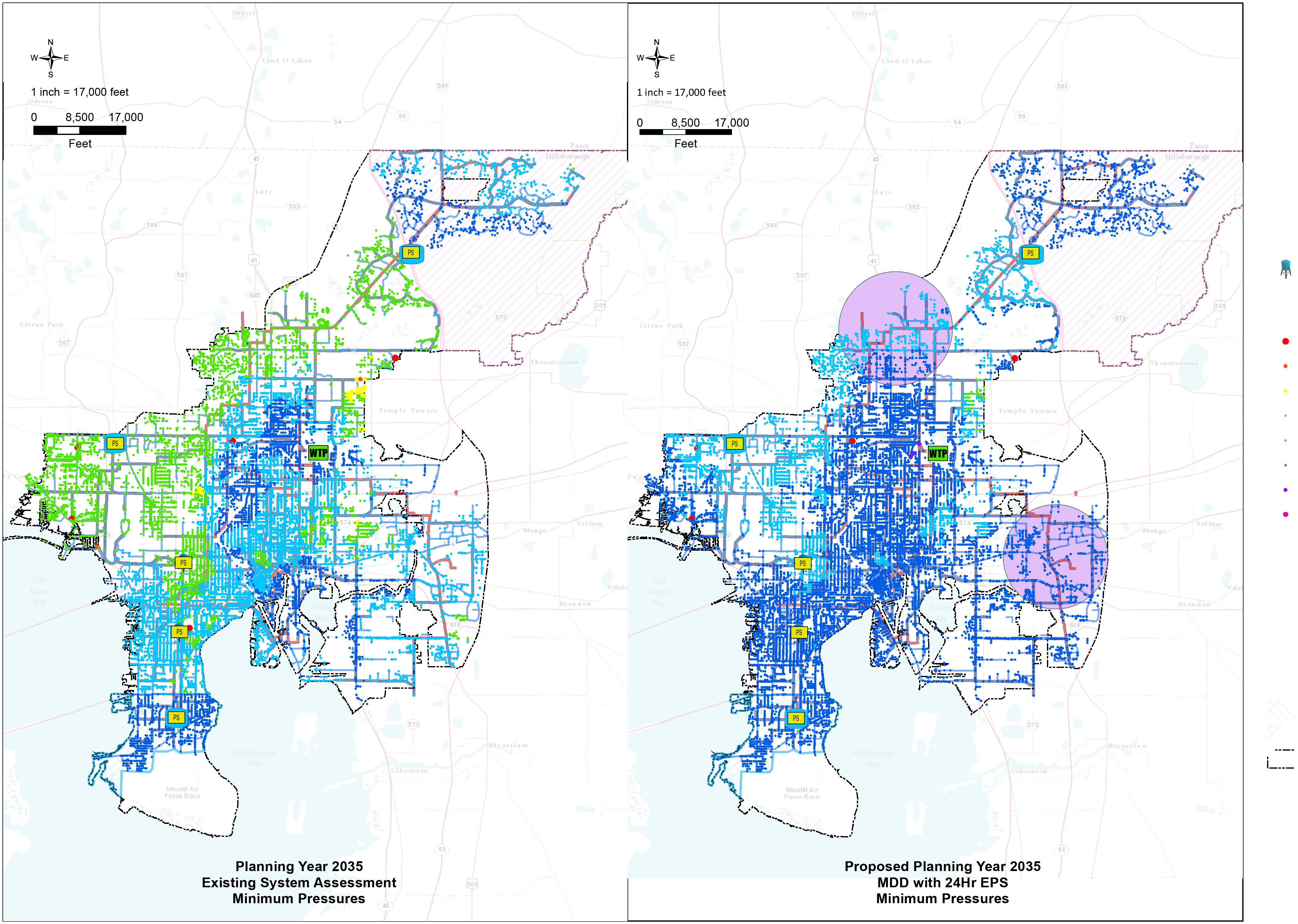 Maps comparing existing system assessment minimum pressures and proposed planning year 2035 model, showing changes in water pressure distribution.