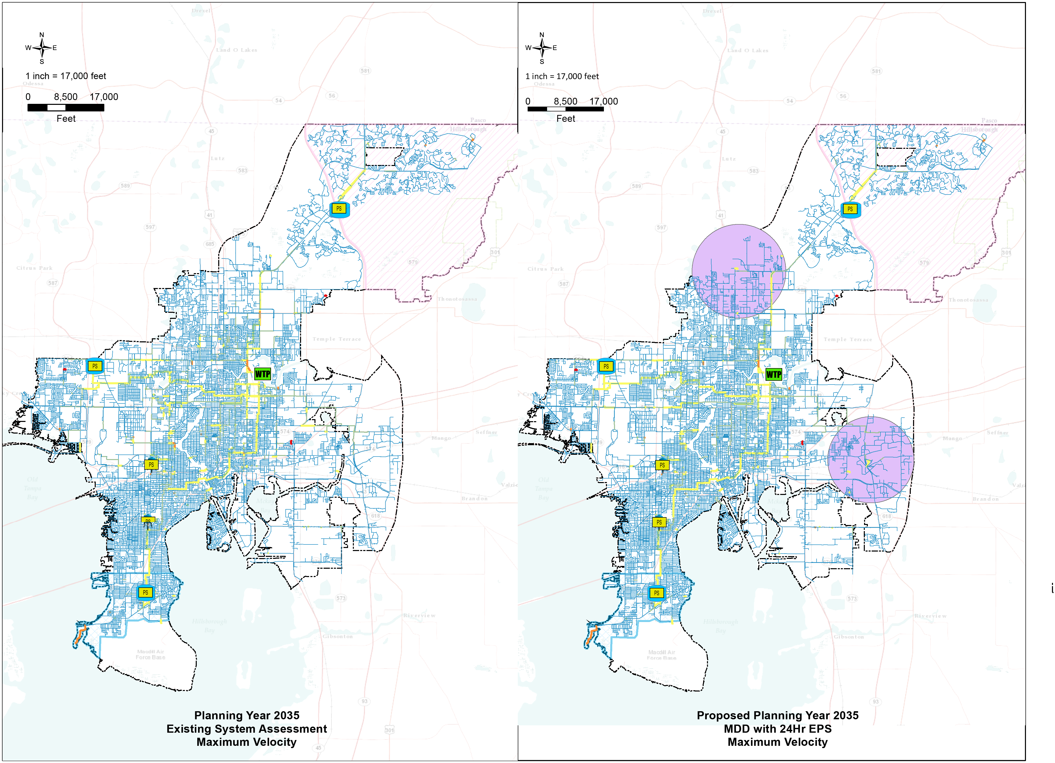 Maps comparing existing and proposed planning for 2035, highlighting areas of maximum velocity and proposed modifications.
