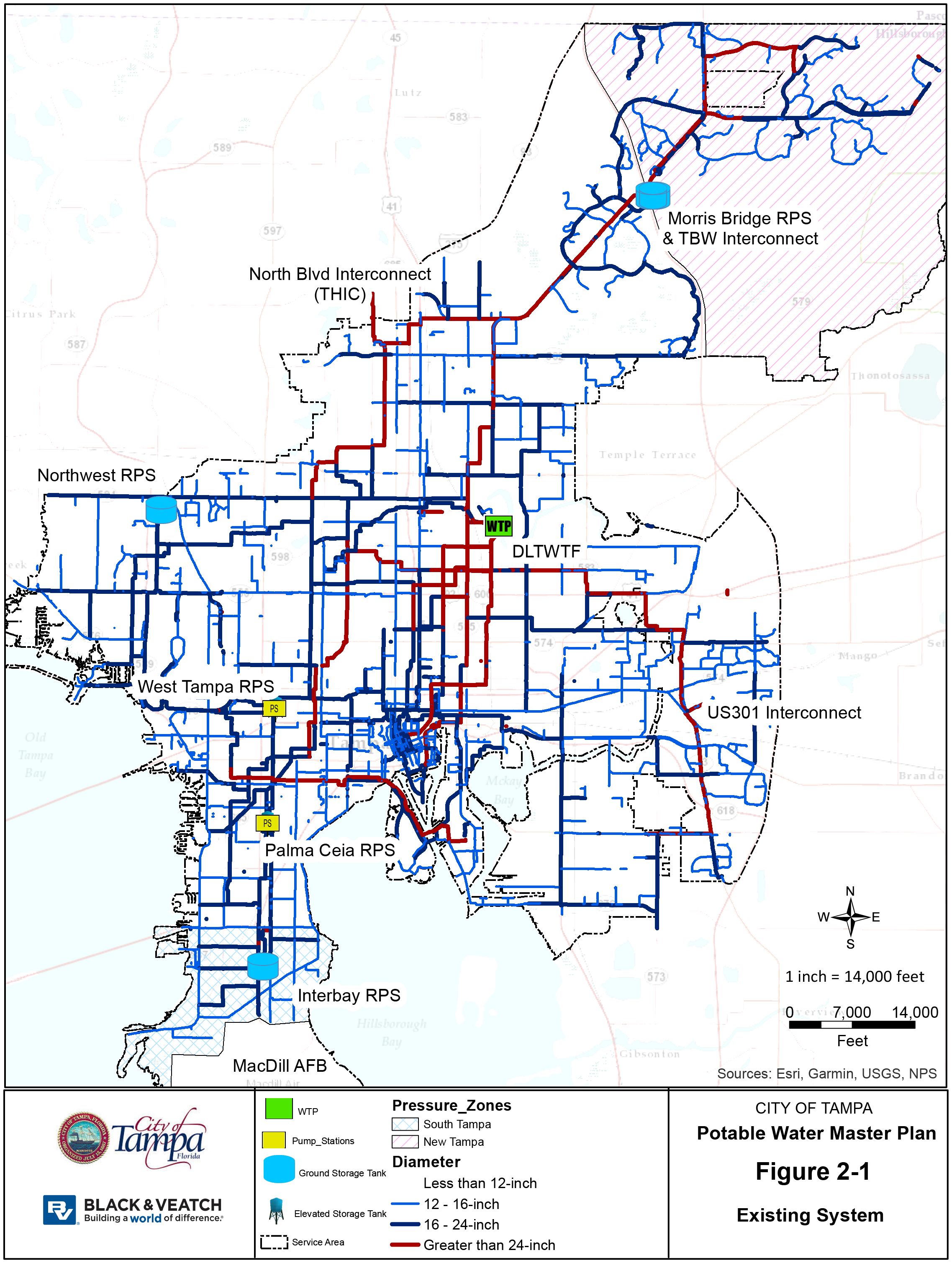 Map of Tampa's potable water master plan, showing existing water distribution networks and pressure zones with varying diameters.