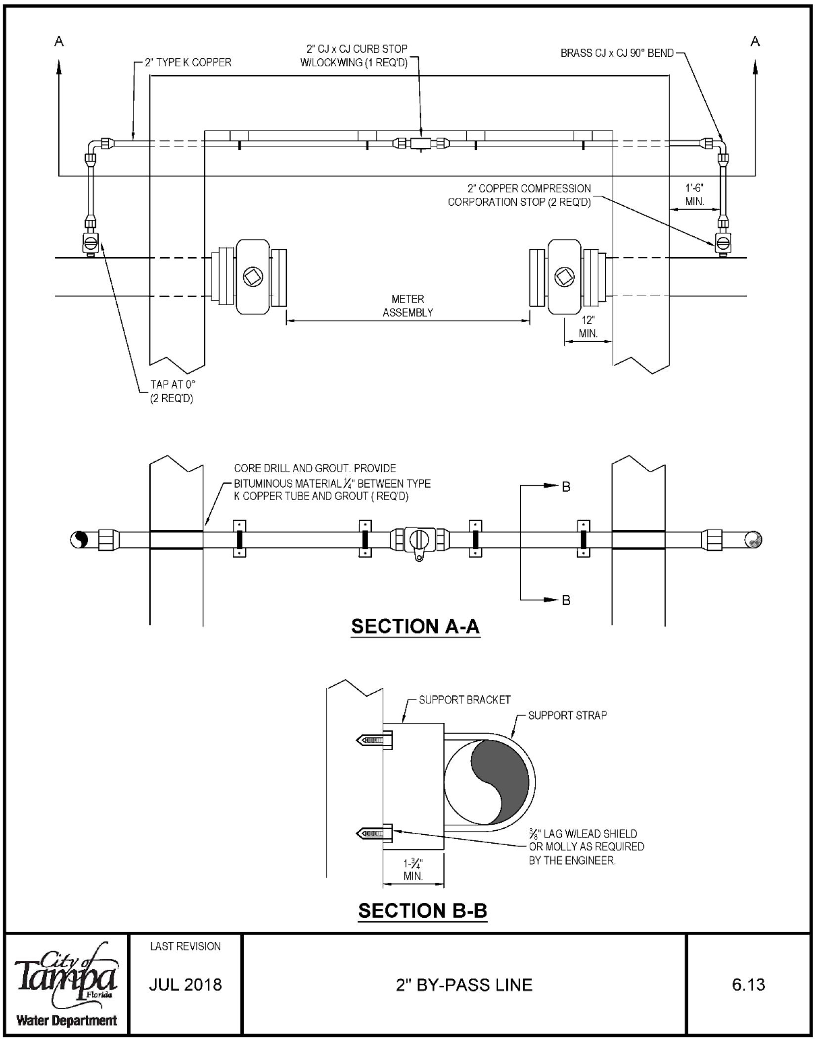 Technical drawing of a 2-inch by-pass line with sections A-A and B-B, showing measurements and support details.