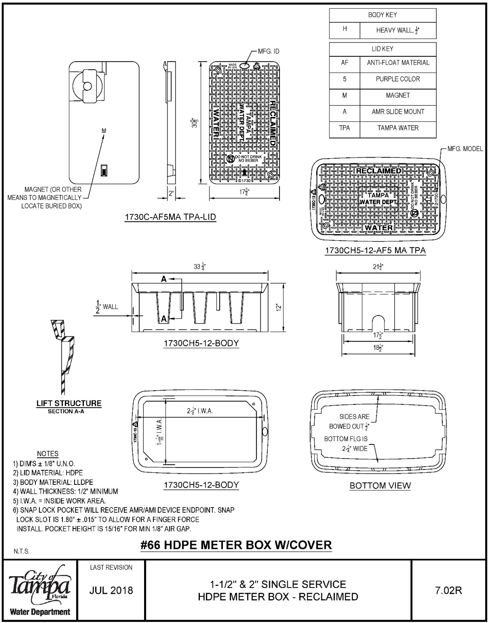 Technical drawing of a HDPE meter box with cover, including dimensions and installation instructions for water service.