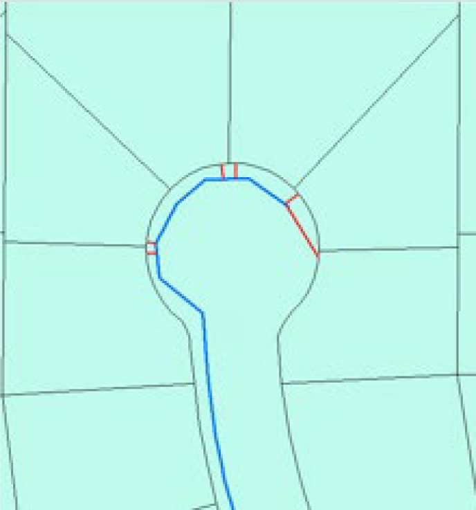 A simplified map showing interconnected lines and shapes, with a focus on a circular intersection and paths in blue and red.
