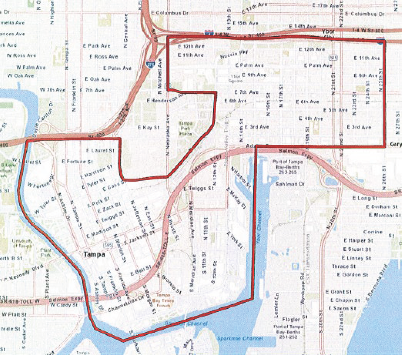 Map of Tampa with outlined areas, showing streets and neighborhoods, including E 12th Ave and E Laurel St.