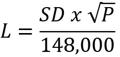 Mathematical formula displaying the equation L = (SD x √P) / 148,000.