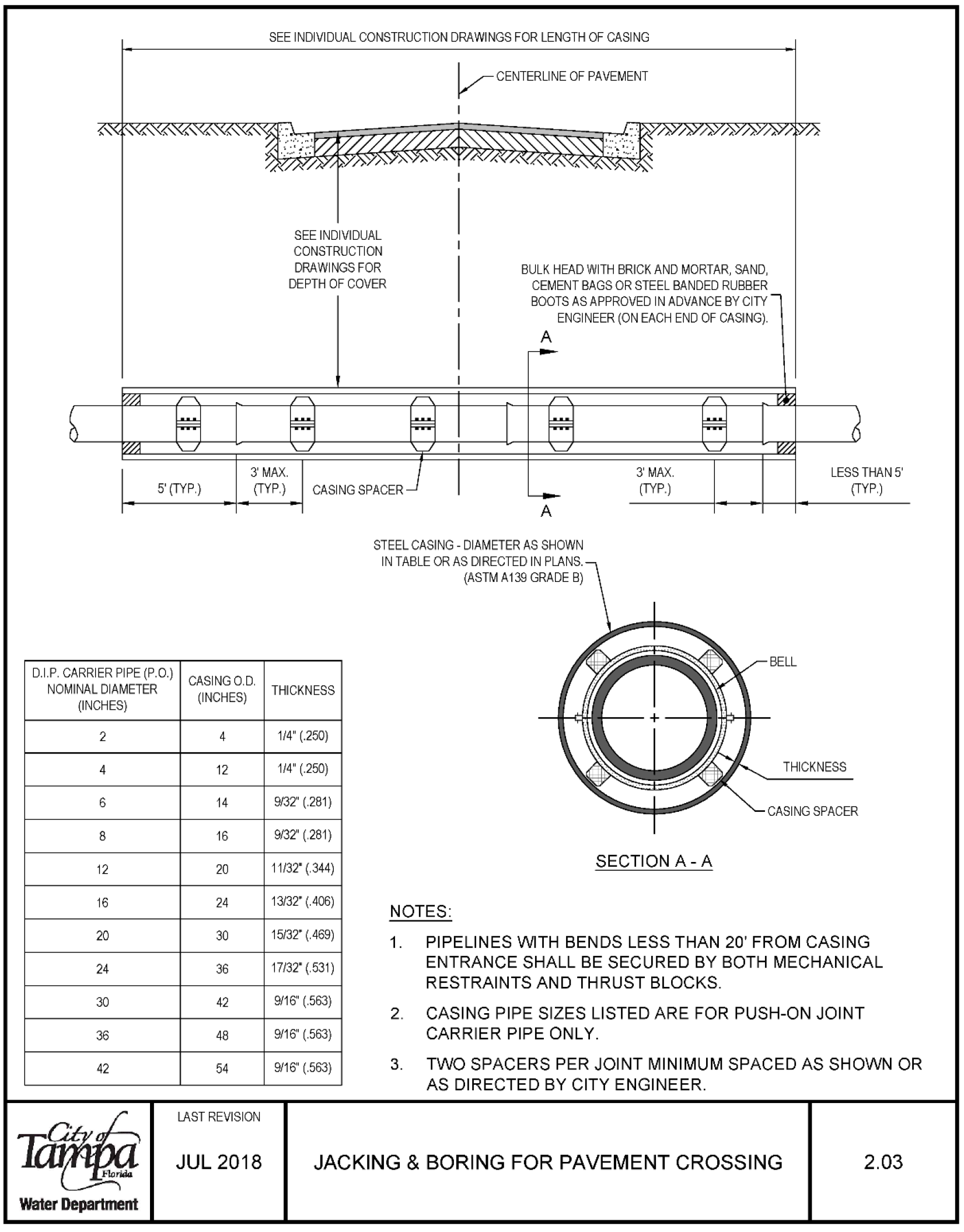 Technical drawing showing section of casing pipe and specifications for jacking and boring under pavement, including dimensions and construction notes.